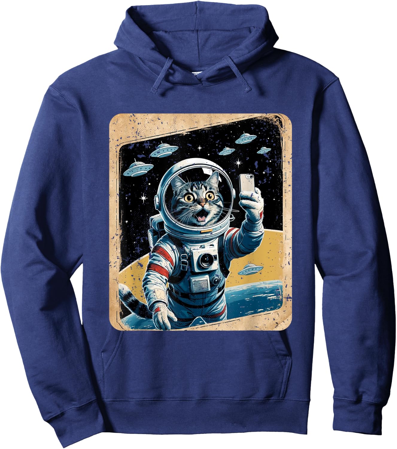 Space Cat Astronaut UFO Funny Sci-fi Alien Selfie Hoodie - Hoodie | Navy
