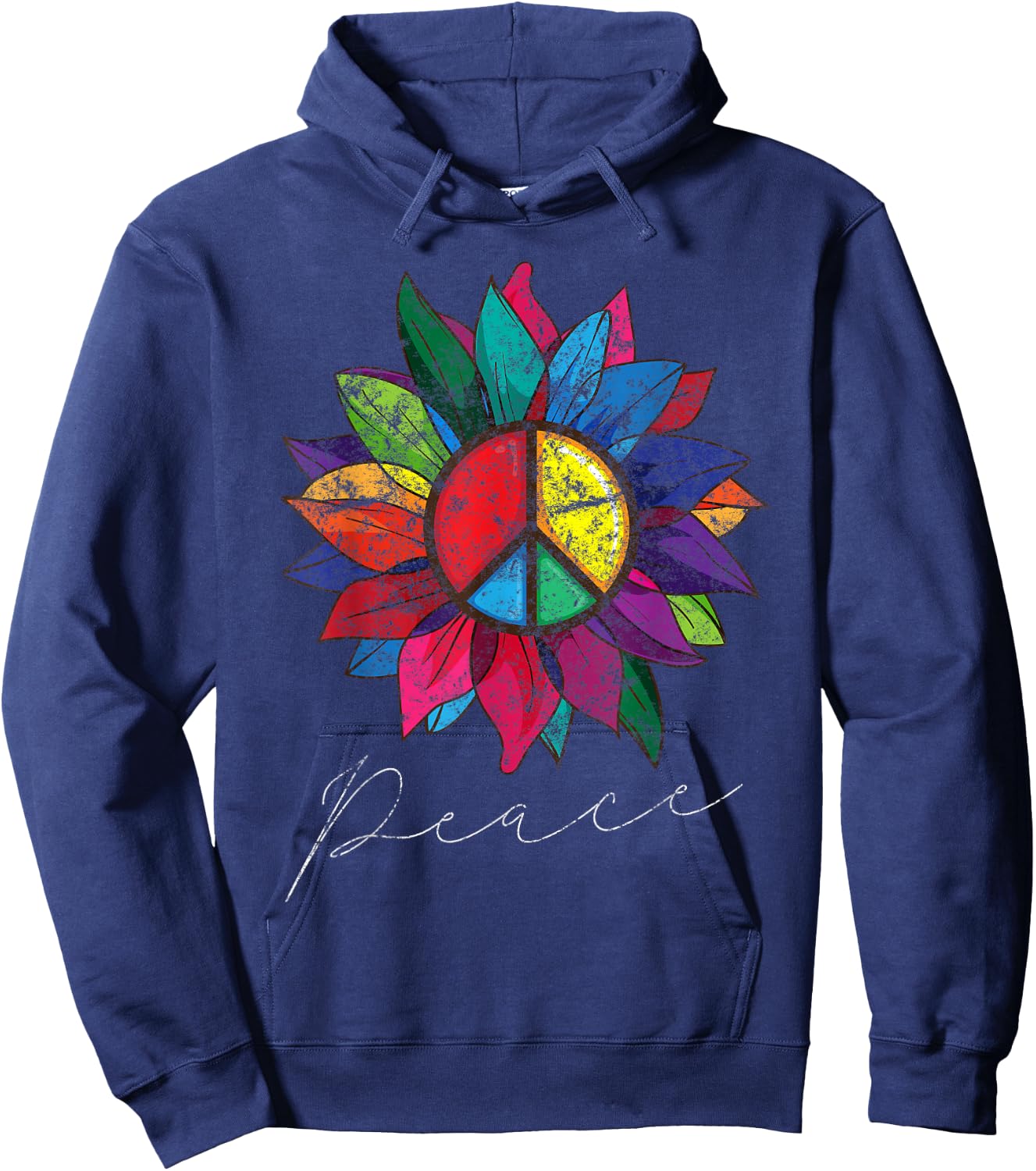 Sunflower Flower Distressed Rainbow Peace Sign 70s Hoodie - Hoodie | Navy