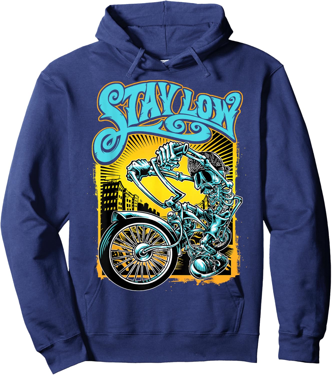 Stay Low Biker Shirt, Latino Skeleton Chopper , Cycle Hoodie - Hoodie | Navy