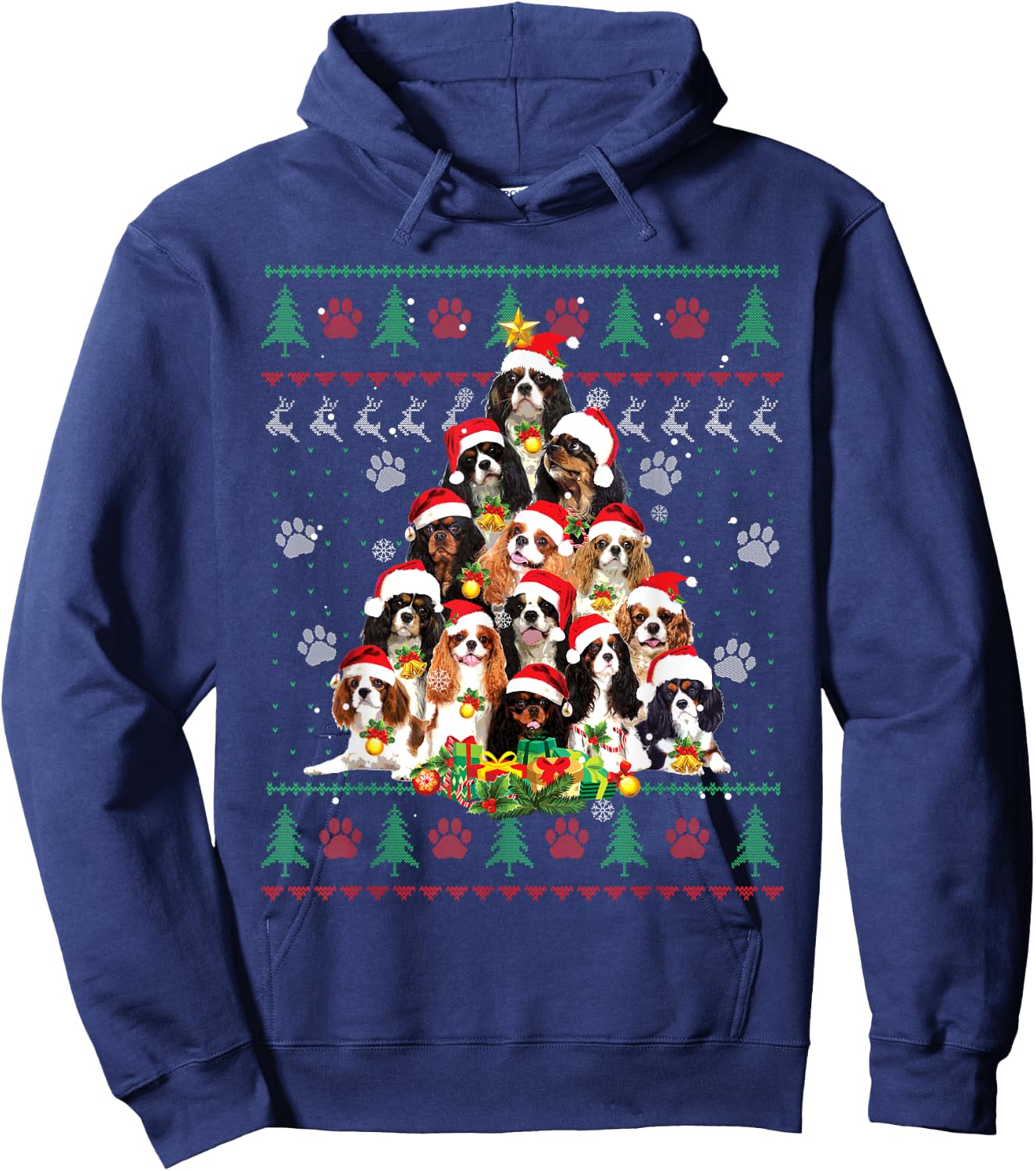 Cavalier King Charles Spaniel Christmas Tree Ugly Sweater Hoodie - Hoodie | Navy