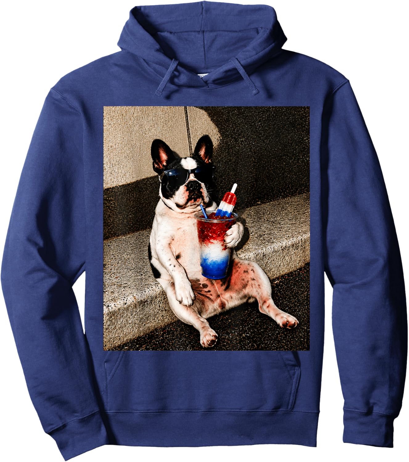 Patriotic French Bulldog Drinking Slushie Red White Blue Hoodie - Hoodie | Navy
