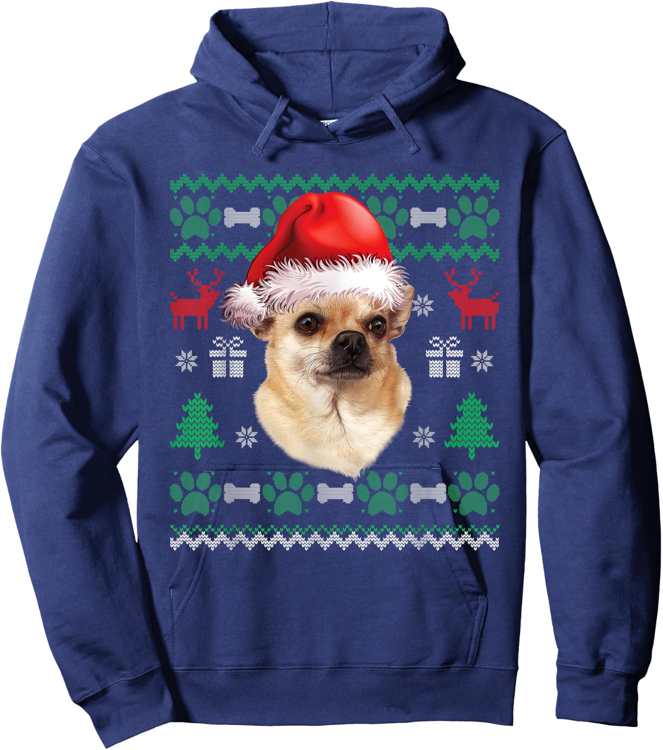 Chihuahua Santa Hat Christmas Ugly Sweater Pajama Hoodie - Hoodie | Navy