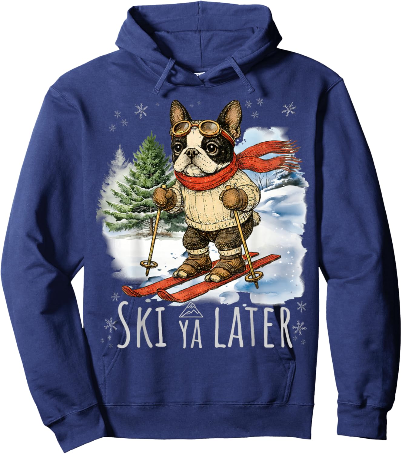 Boston Terrier Ski Bostie Snow Skiing Winter Spring Break Hoodie - Hoodie | Navy