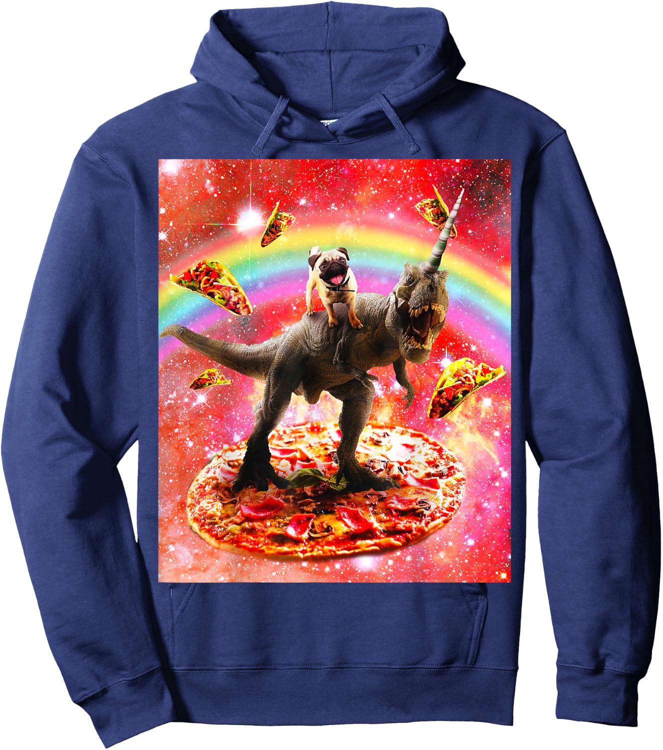 Space Pug Riding Dinosaur Unicorn - Pizza & Taco Hoodie - Hoodie | Navy