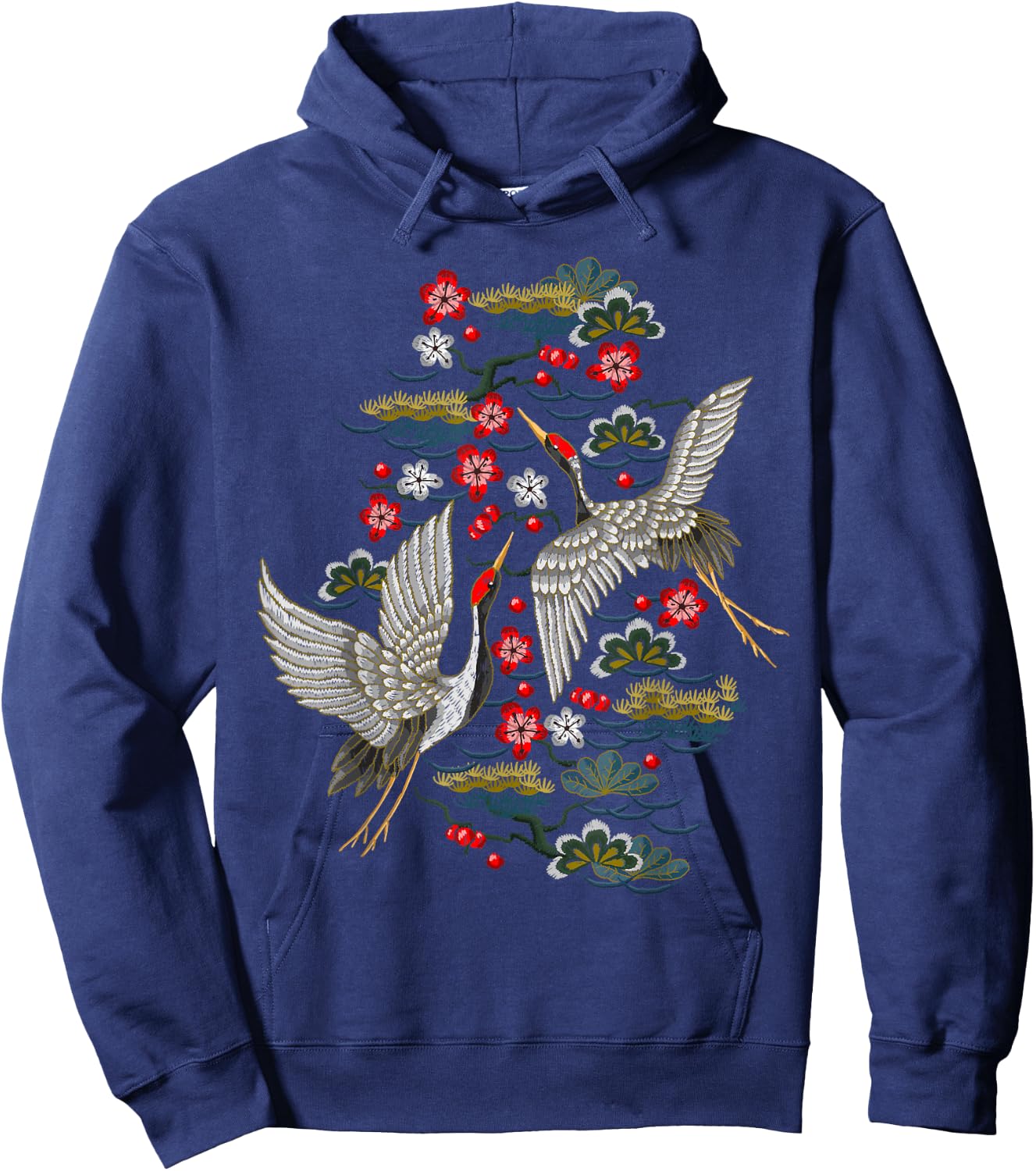 Crane & Cherry Blossom - Vintage Japanese Embroidery Hoodie - Hoodie | Navy