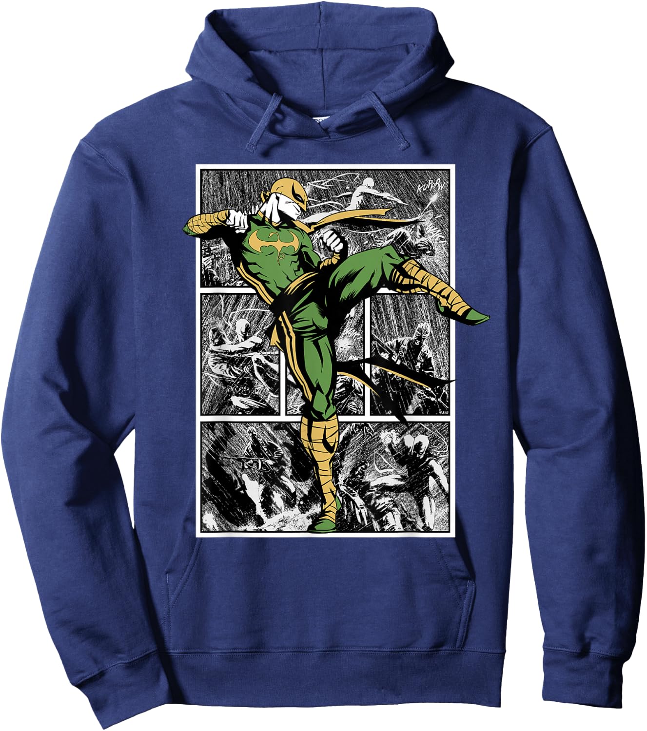 Marvel Comics Retro Classic Iron Fist Rain Battle Panels Hoodie - Hoodie | Navy