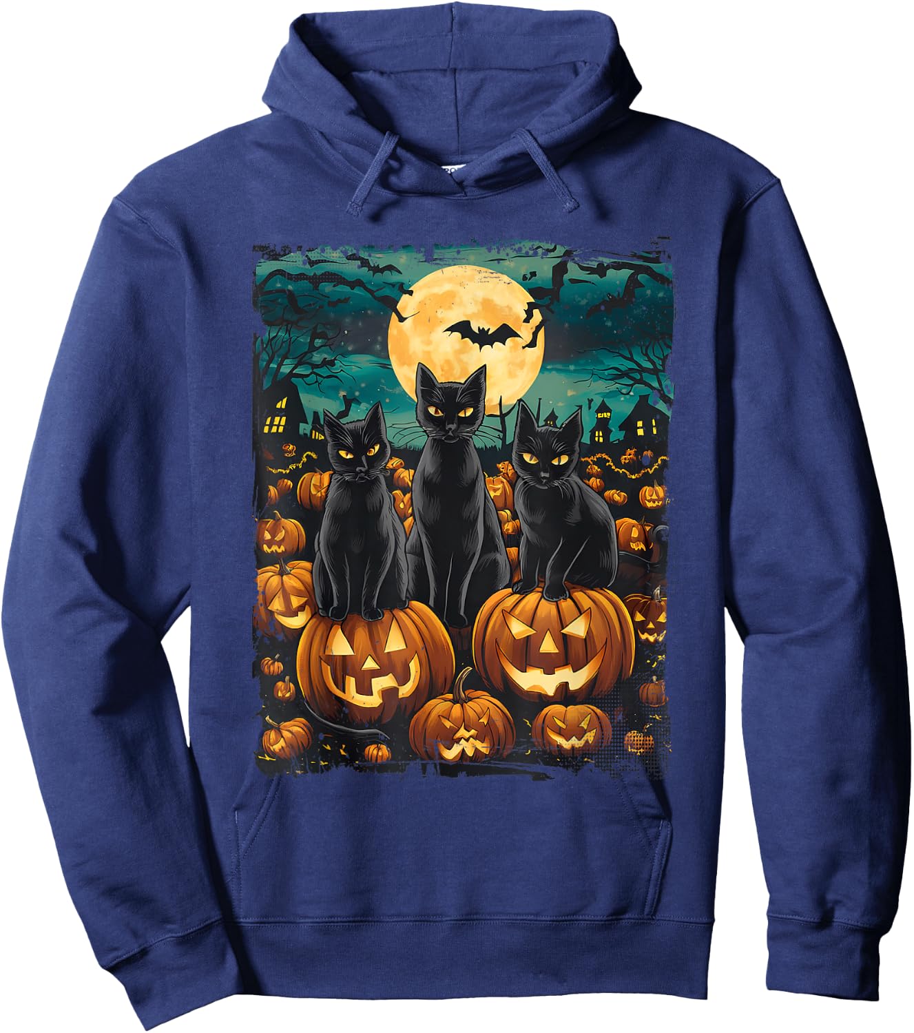 Black Cat Pumpkin Halloween Starry Night Cat Van Gogh Cat Women Kids Hoodie - Hoodie | Navy