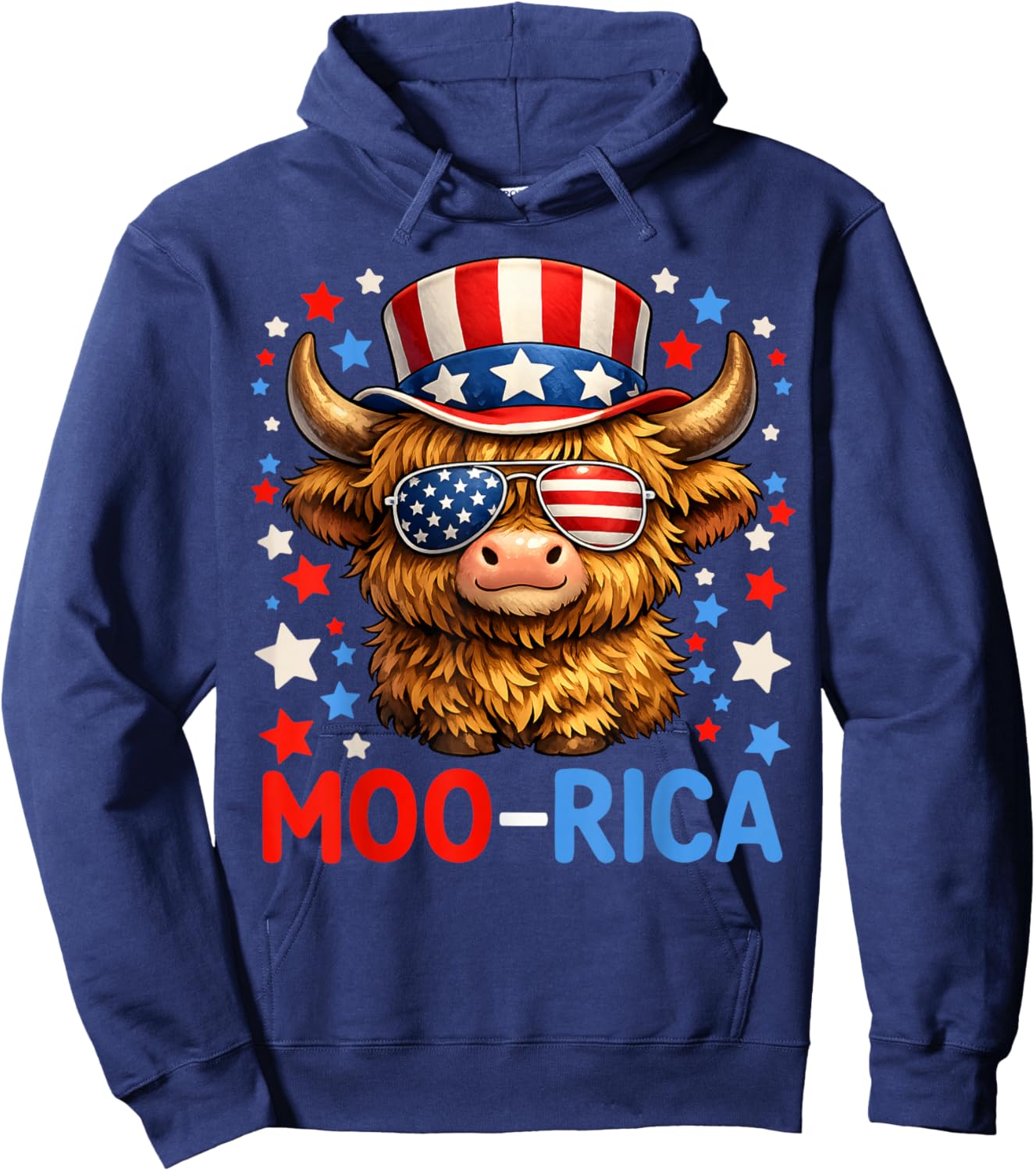Patriotic Highland Cow Moo-rica July 4th Independence Day Hoodie - Hoodie | Navy