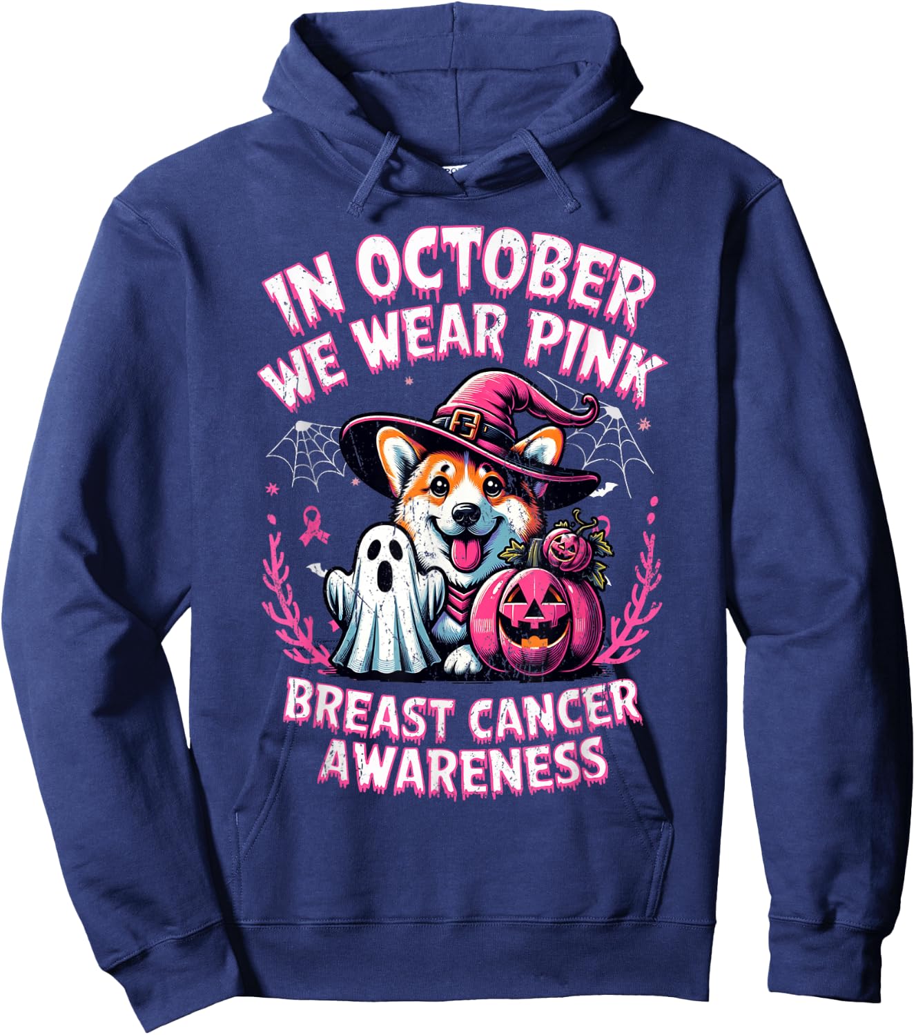 In October We Wear Pink Ghost Corgi Dog Breast Cancer Hoodie - Hoodie | Navy