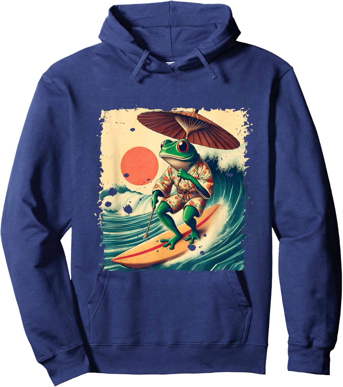 Japanese Frog Surfing Wave Funny Japan Art Anime Hoodie - Hoodie | Navy
