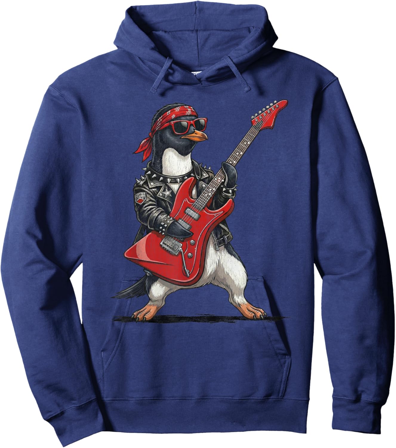 Funny Penguin Playing Red Electric Guitar Musician Rock Punk Hoodie - Hoodie | Navy