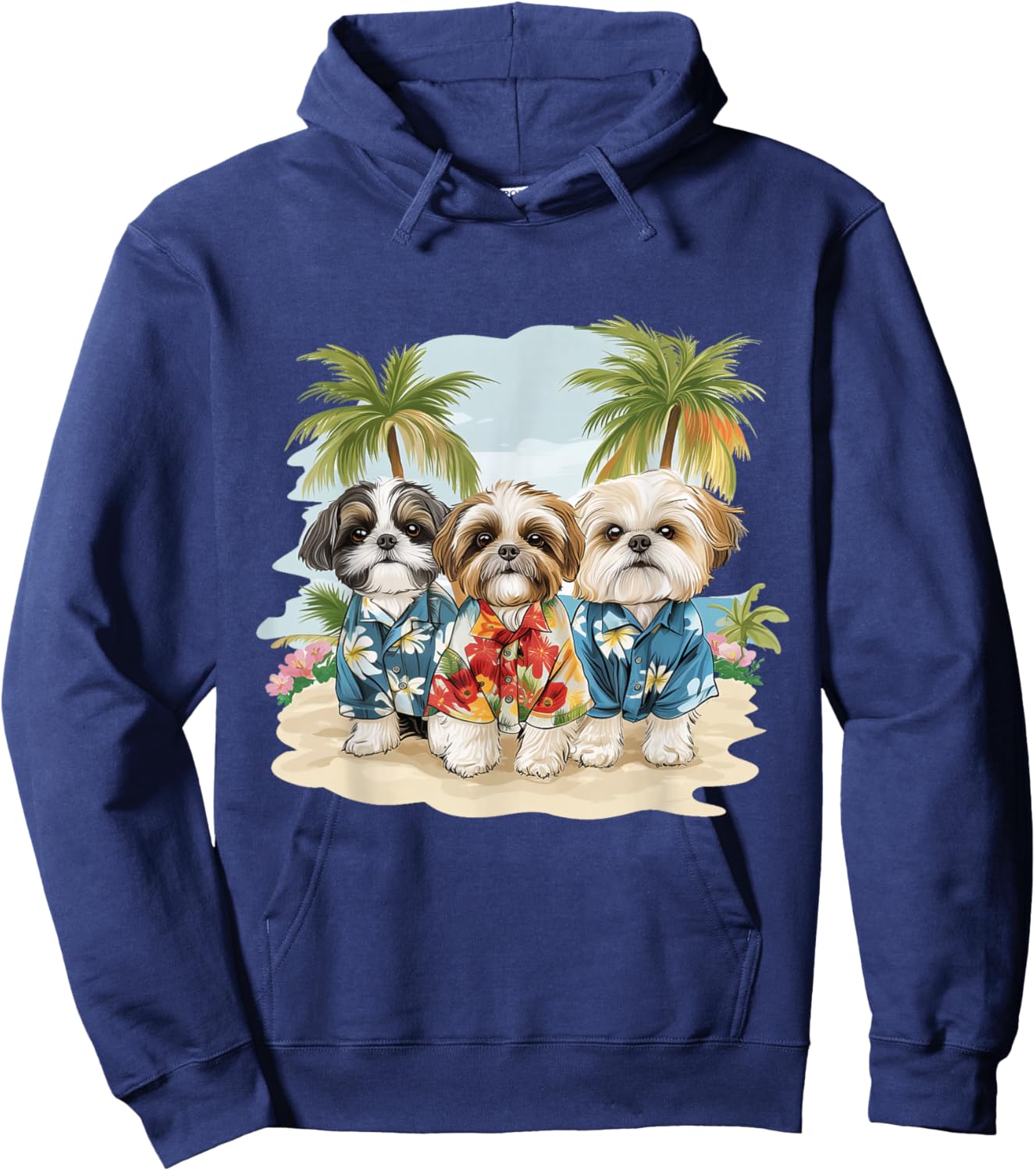Cute Shih Tzu Dogs Hawaiian Tops Palm Trees Ocean Colorful Hoodie - Hoodie | Navy