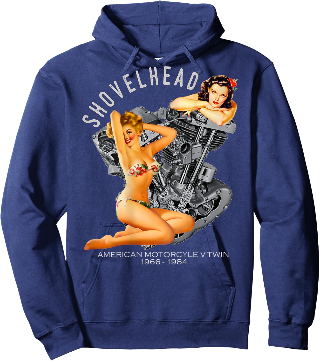 Shovelhead Retro Pinup V-Twin Engine 1966 Motorcycle Gear Hoodie - Hoodie | Navy