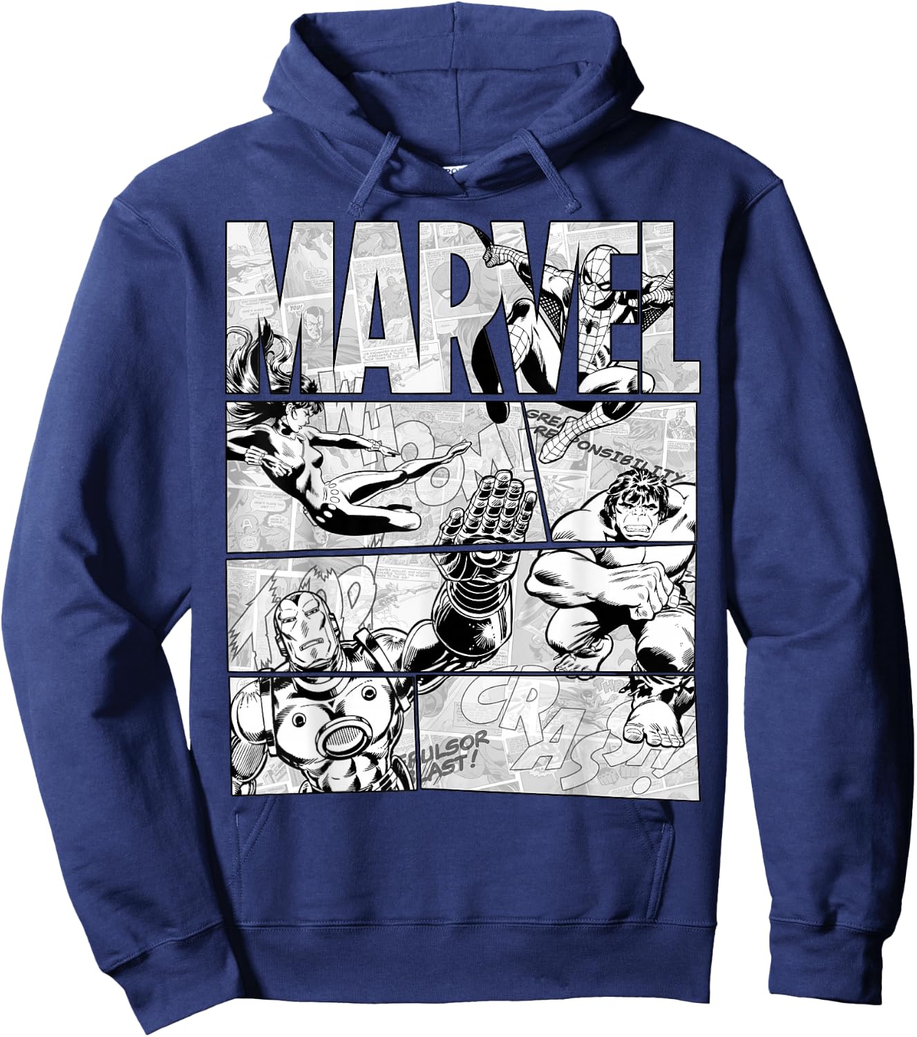 Marvel Avengers Retro Black and White Comic Graphic Short Sleeve Hoodie - Hoodie | Navy