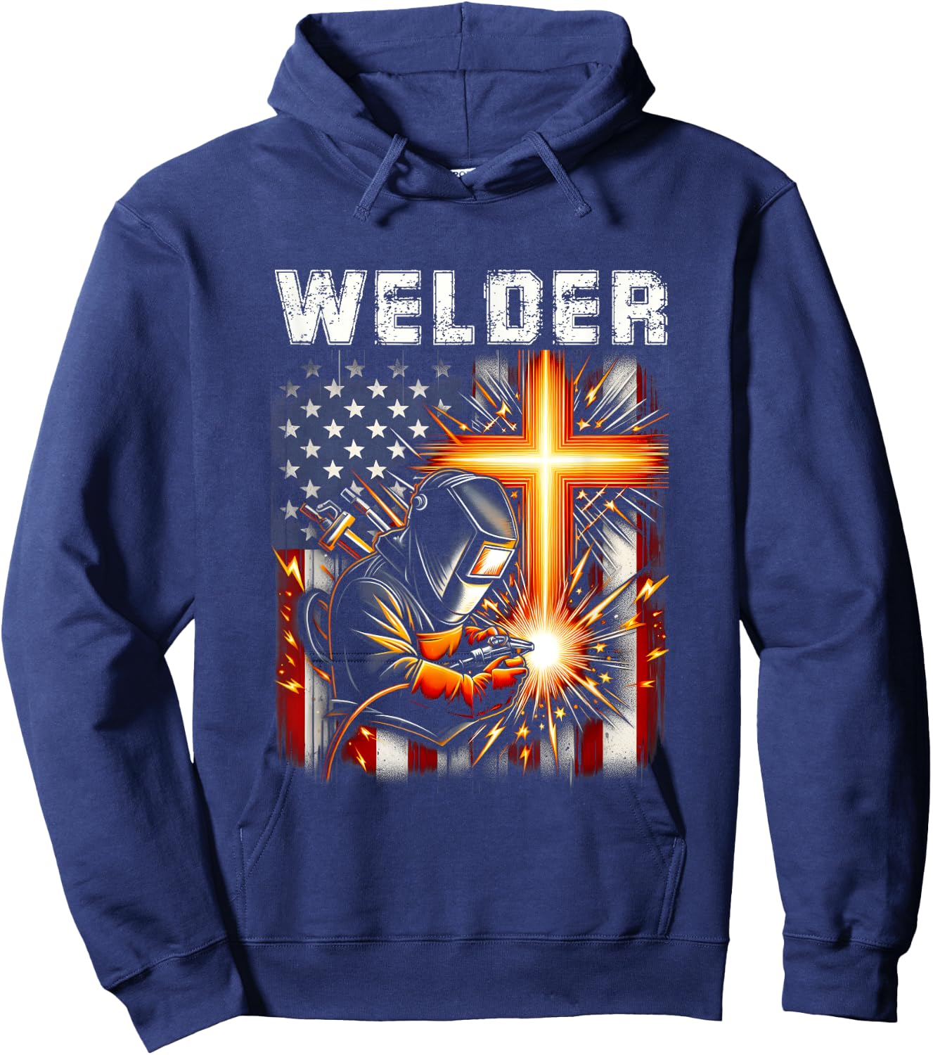 Welder American Flag Welding Faith Cross Christian Religious Hoodie - Hoodie | Navy