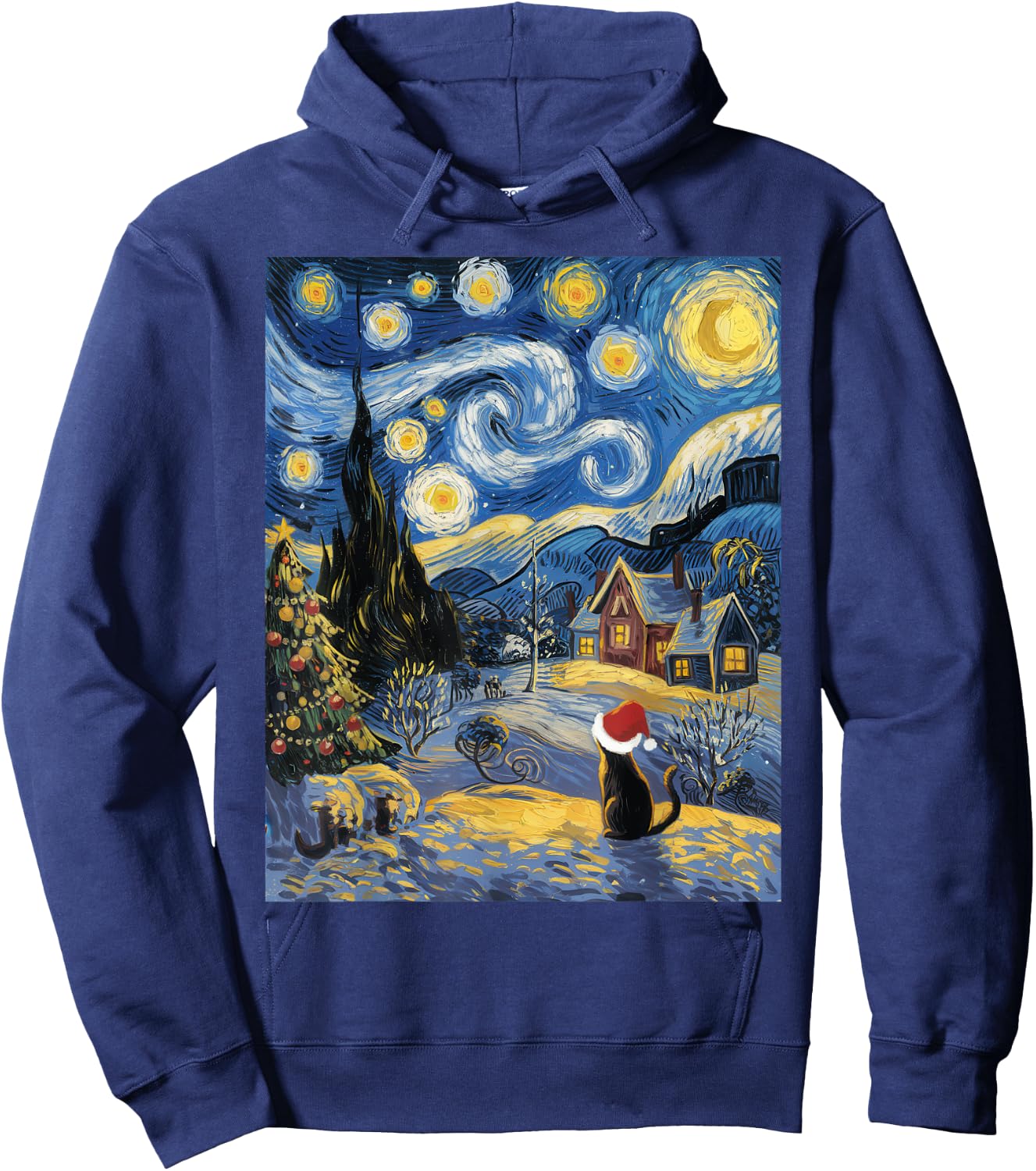 Starry Night Festive Christmas Cat Santa Winter Xmas Hoodie - Hoodie | Navy