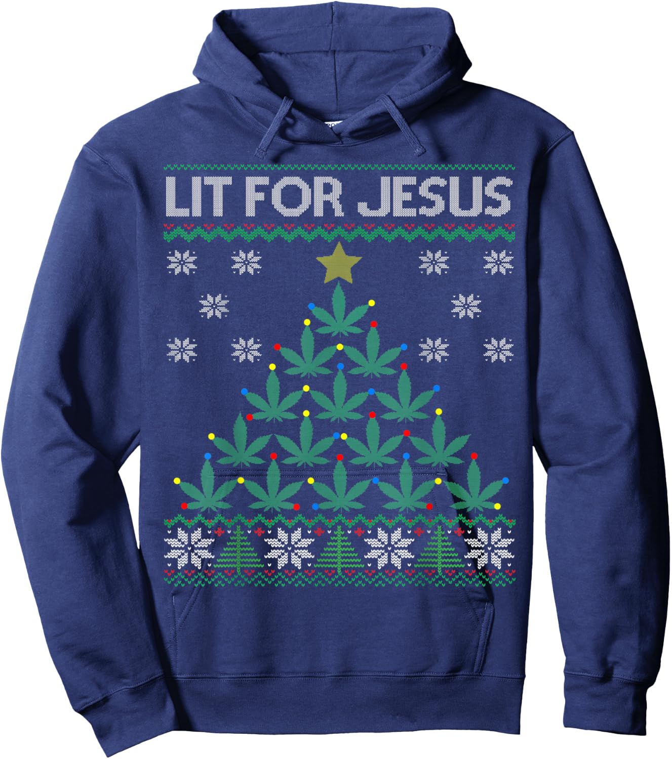 Lit for Jesus Weed Marijuana Cannabis Leaf Christmas Tree Hoodie - Hoodie | Navy