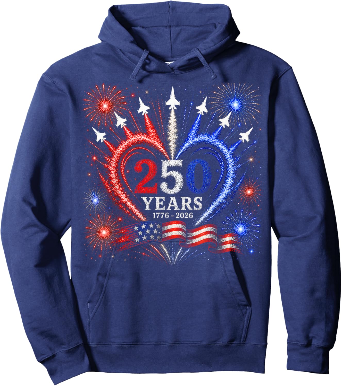 4th of July American Flag 250 Years of Freedom Heart Jets Hoodie - Hoodie | Navy