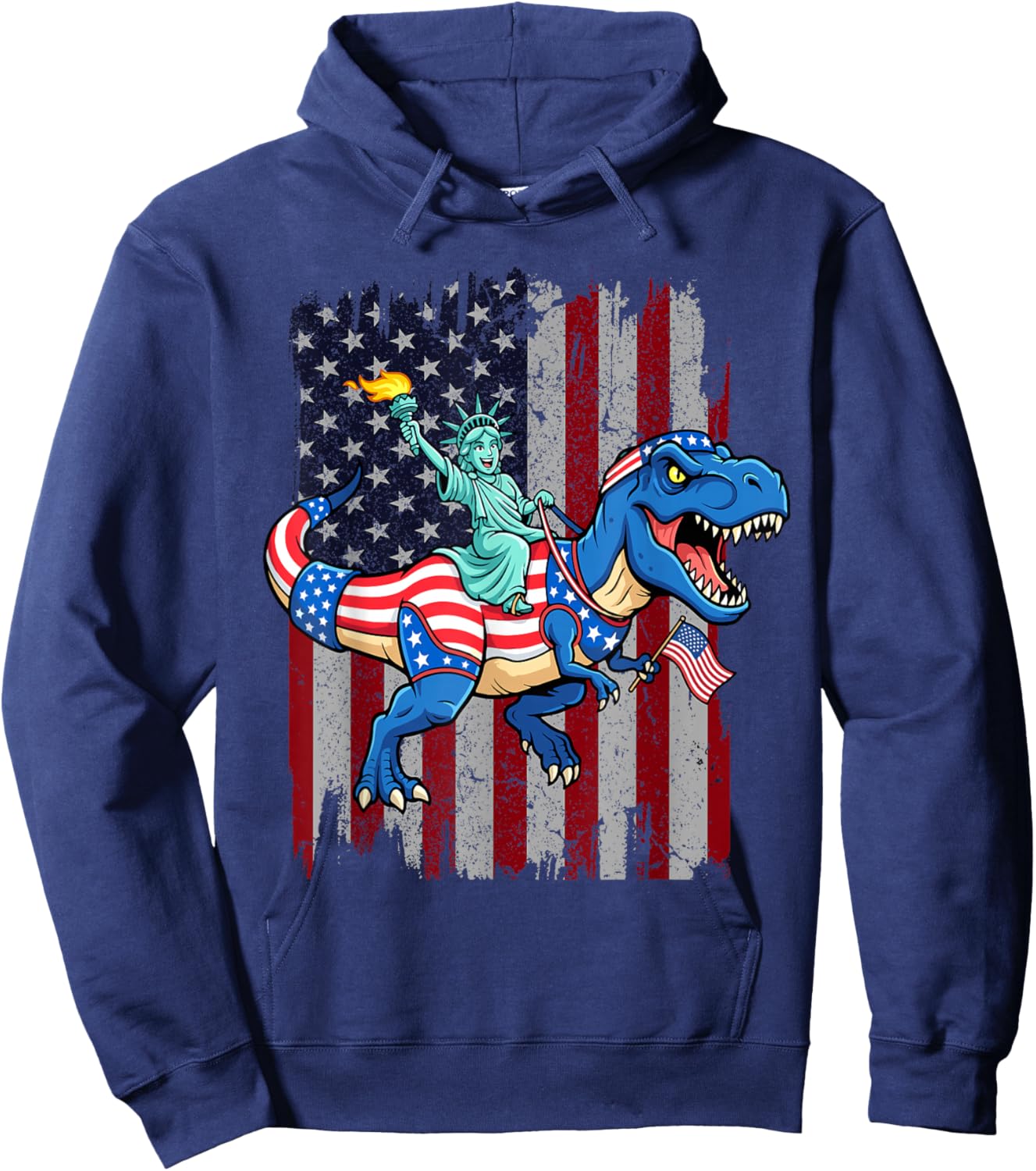 Dinosaur Statue of Liberty 4th of July American Flag Boys Hoodie - Hoodie | Navy