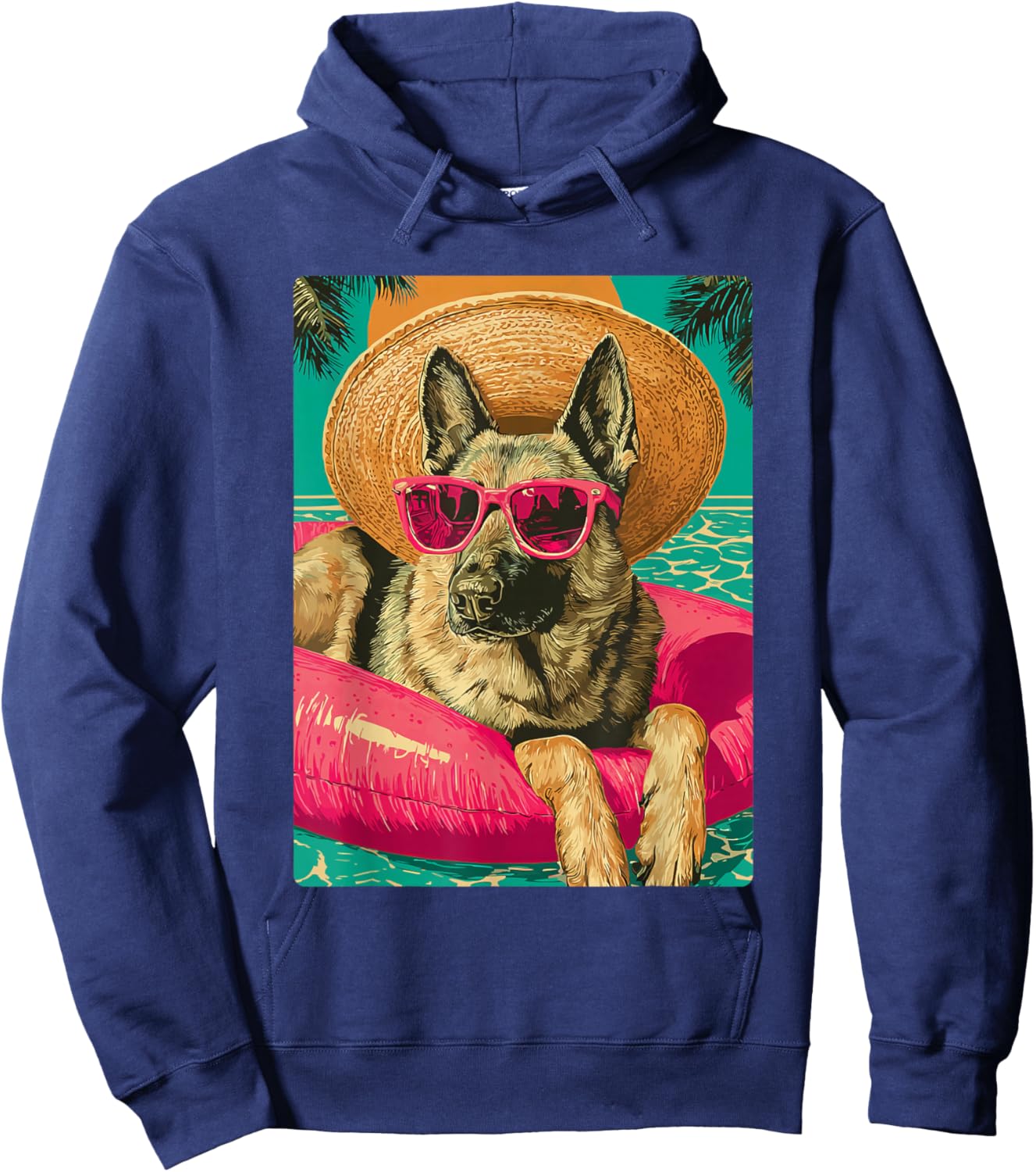 German Shepherd with Sunglasses Cute Dog Tropical Pool Party Hoodie - Hoodie | Navy
