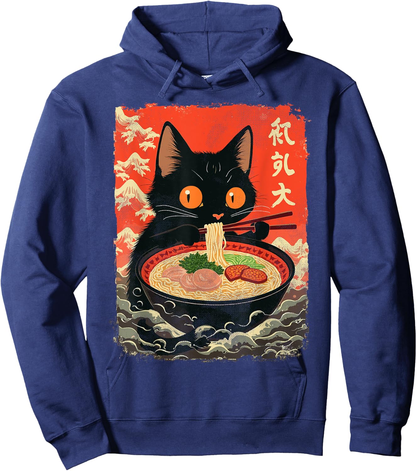 Neko Cat Eating Ramen Anime Kawaii Japanese Noodle Graphic Hoodie - Hoodie | Navy