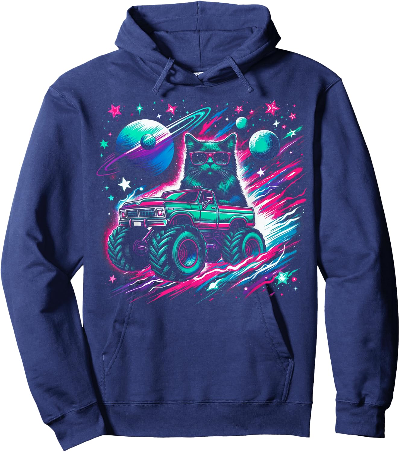 Cool Cat Driving Monster Truck in Cosmic Space Men Women Kids Hoodie - Hoodie | Navy
