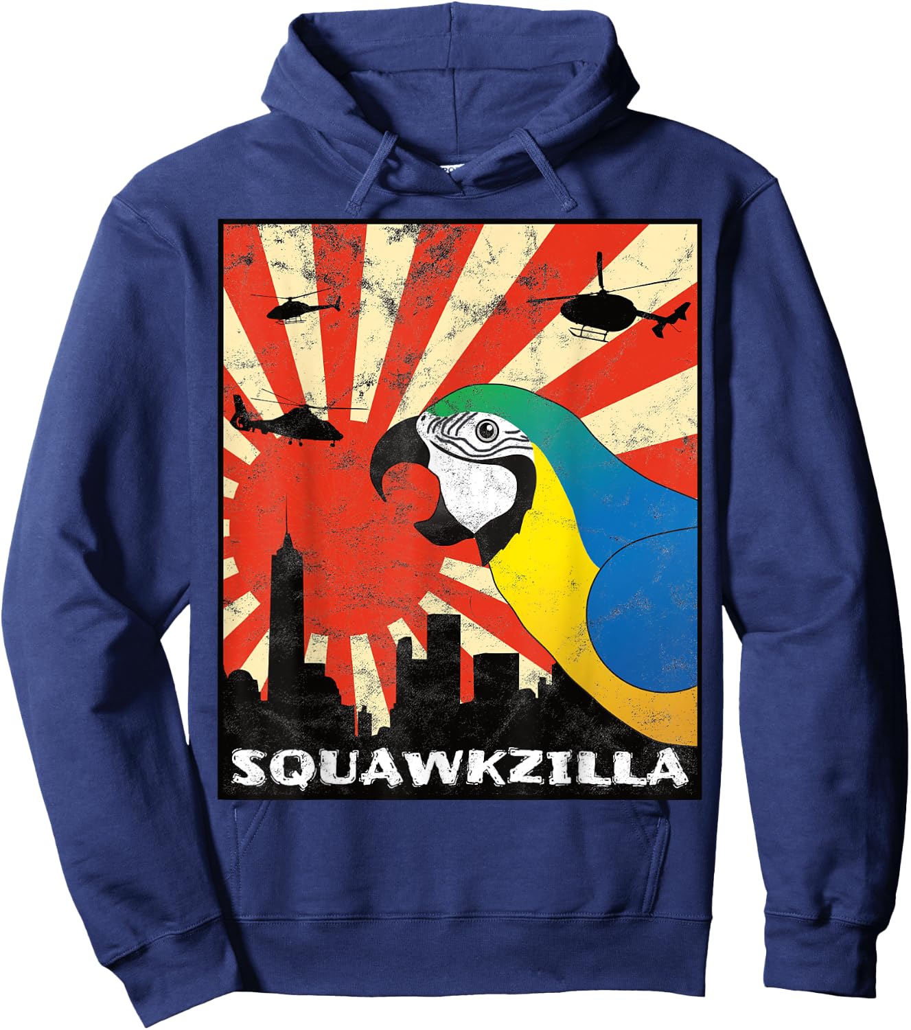 Squawk Zilla Blue and Gold Macaw Parrot Squawking Kawaii Hoodie - Hoodie | Navy