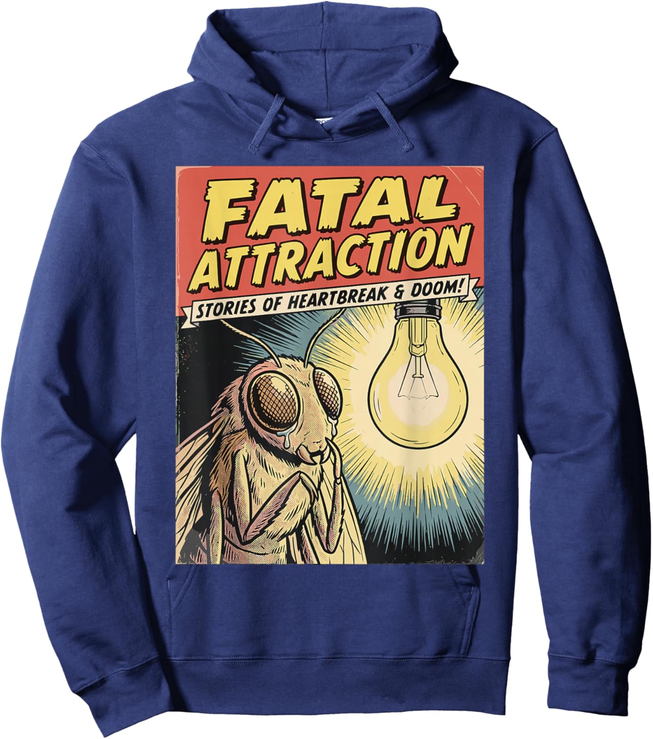 Funny Vintage Comic Book Style Moth Obsessed with Lightbulb Hoodie - Hoodie | Navy