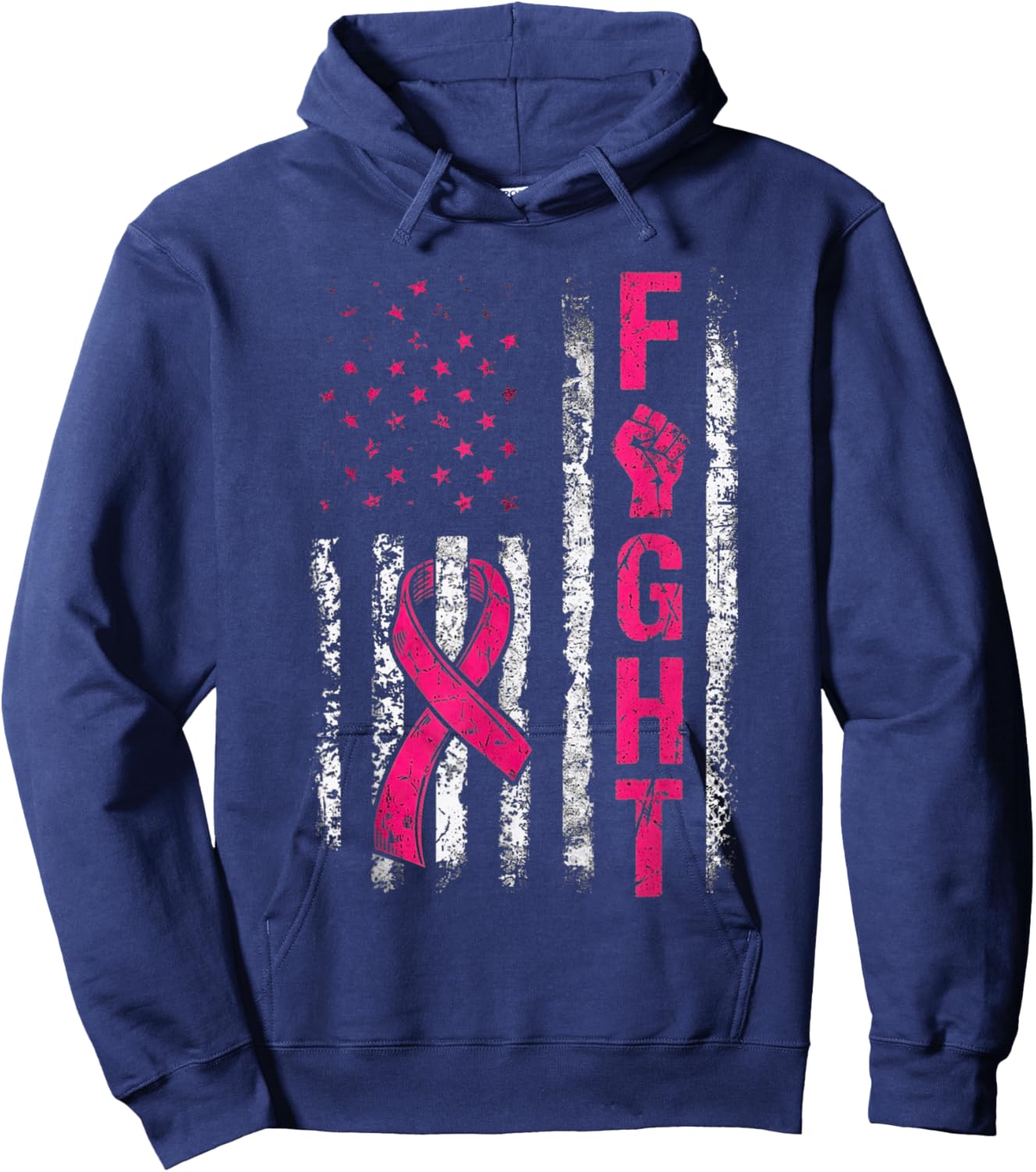 Fight USA Flag Breast Cancer Awareness Patriotic Pink Ribbon Hoodie - Hoodie | Navy