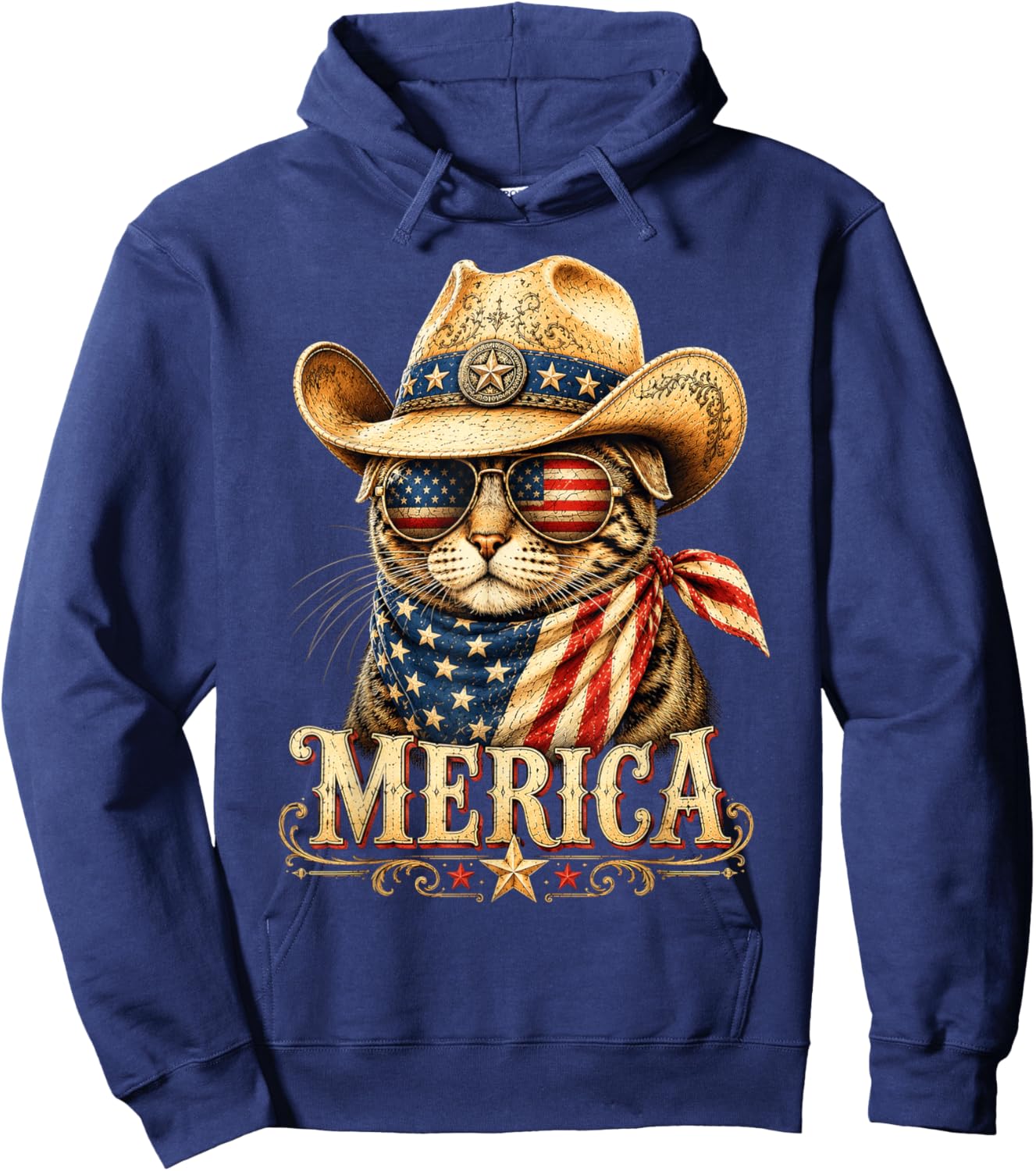 Merica Patriotic Cowboy Cat American Flag Vintage Hoodie - Hoodie | Navy
