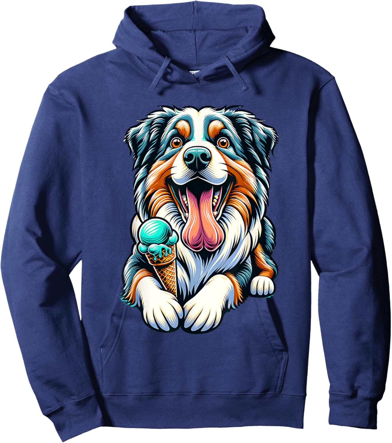 Australian Shepherd Eating Ice Cream Cone Cute Dog Hoodie - Hoodie | Navy