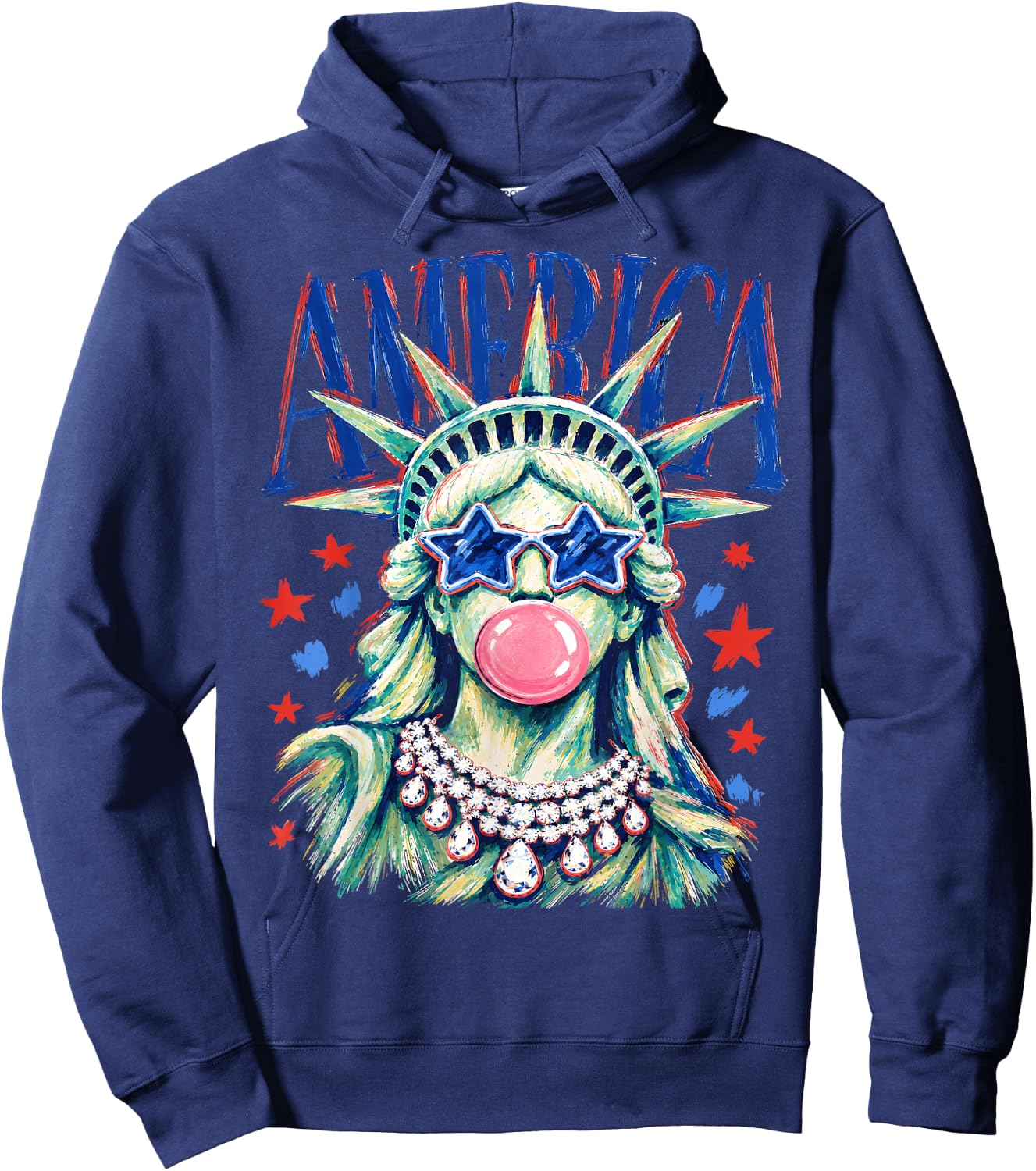 Brushstroke Statue of Liberty Blowing Bubble Gum 4th of July Hoodie - Hoodie | Navy
