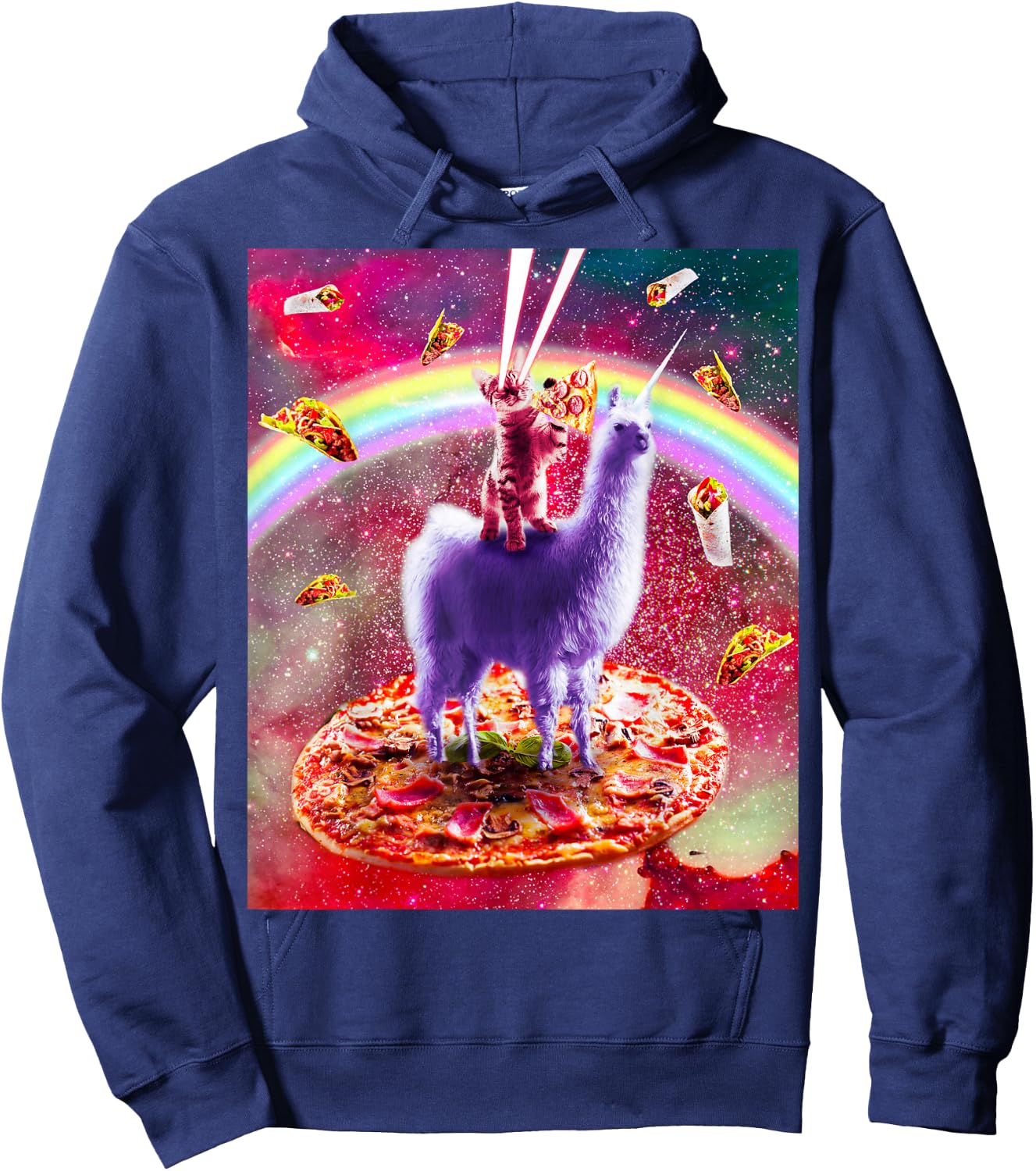 Laser Eyes Outer Space Cat Riding On Llama Unicorn Hoodie - Hoodie | Navy