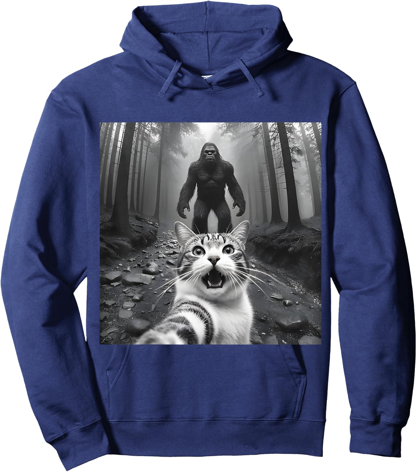 Funny Surprised Scared Cat Selfie With Sasquatsch Bigfoot Men Women Girls Kids Hoodie - Hoodie | Navy