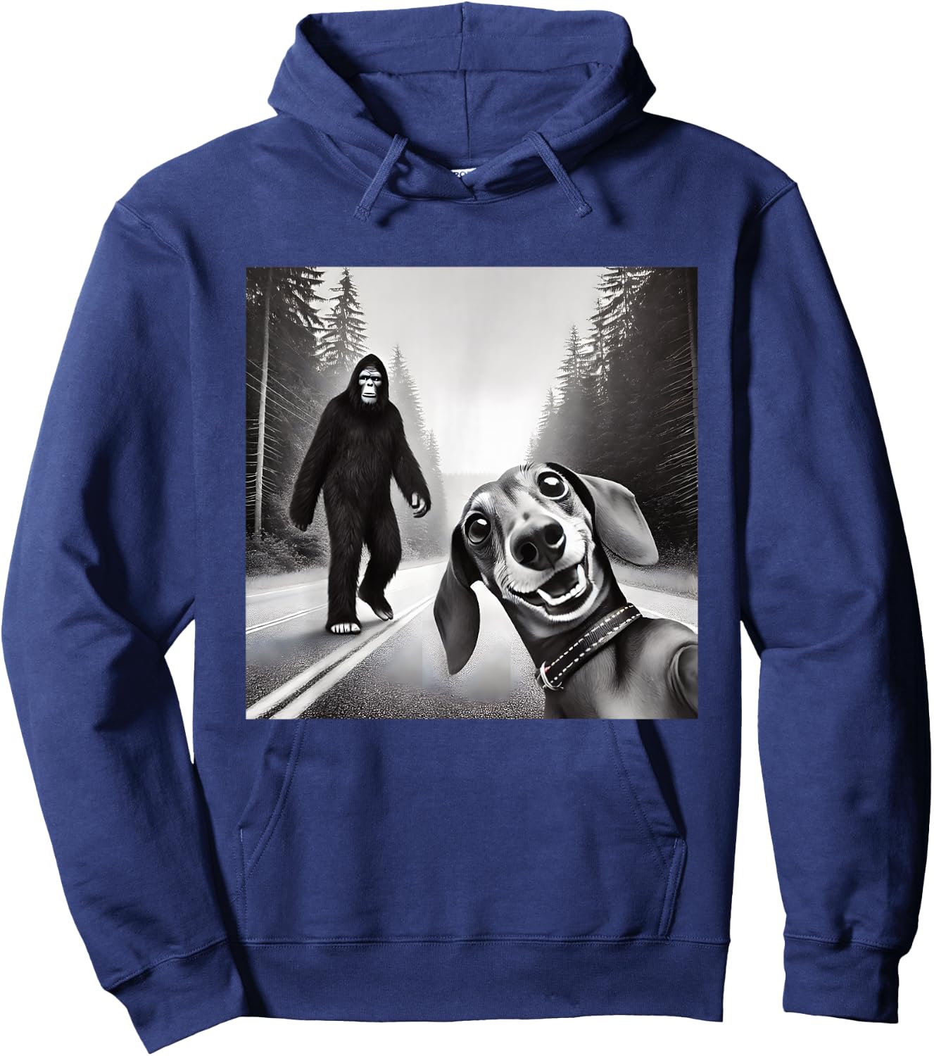 Bigfoot And Dachshund On Road - Black - Small - Short Sleeve Hoodie - Hoodie | Navy