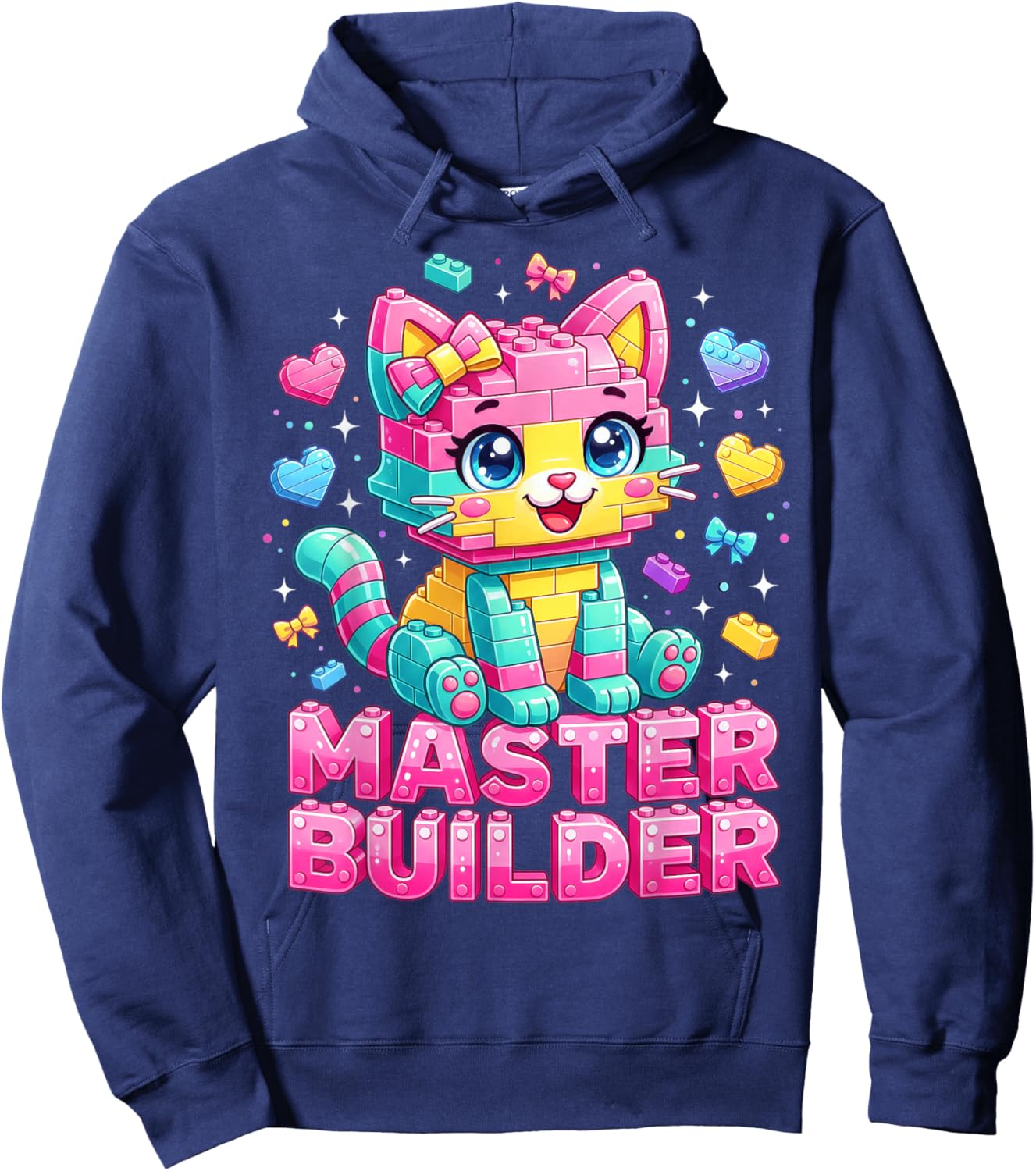 Master Builder Kids Girls Building Bricks Cat Lover Kitten Hoodie - Hoodie | Navy