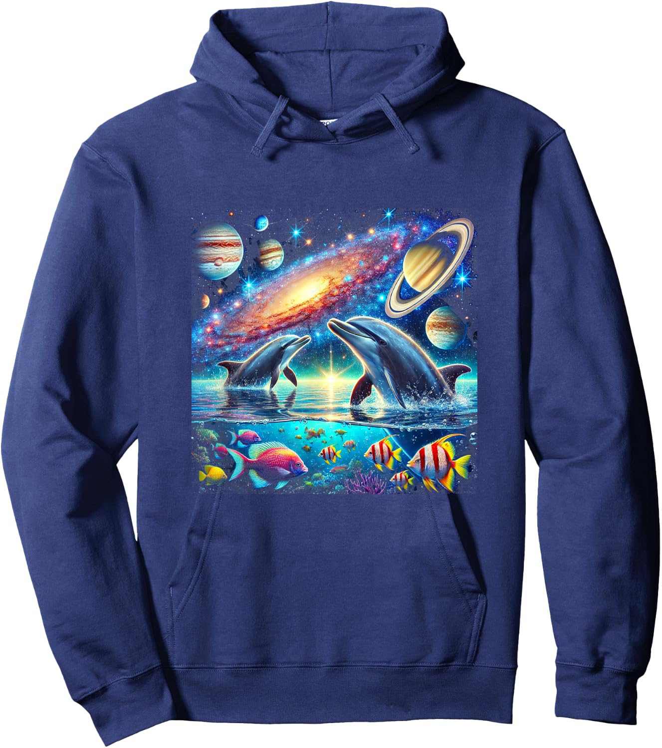 90s Dolphin, Y2k Space Galaxy Dolphins, Colorful Beach Hoodie - Hoodie | Navy