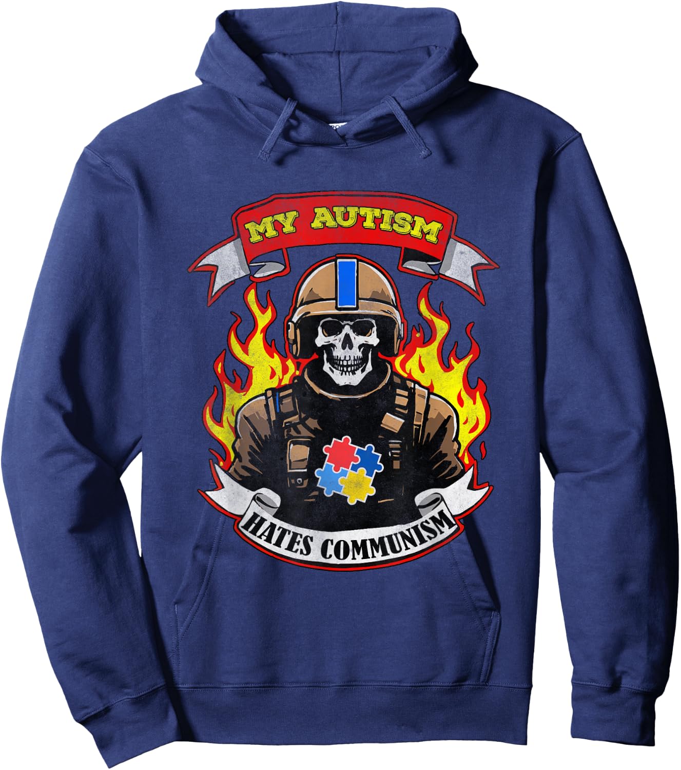 My Autism Hates Communism -Adults Black Cotton 100% Small Modern Classic Letter Print Vacation Autism Awareness Hoodie - Hoodie | Navy