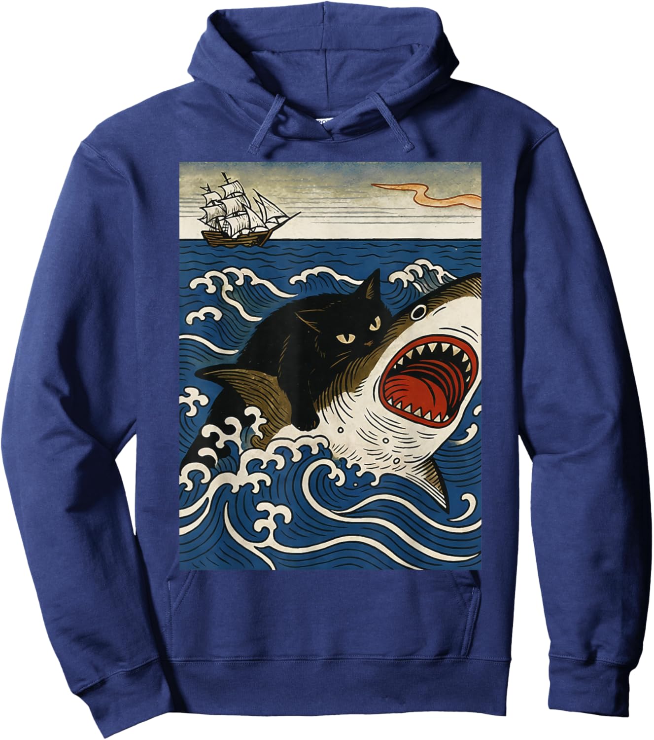 Ukiyo-e Cat Riding Shark Retro Black Cat Shark Rider Ocean Hoodie - Hoodie | Navy