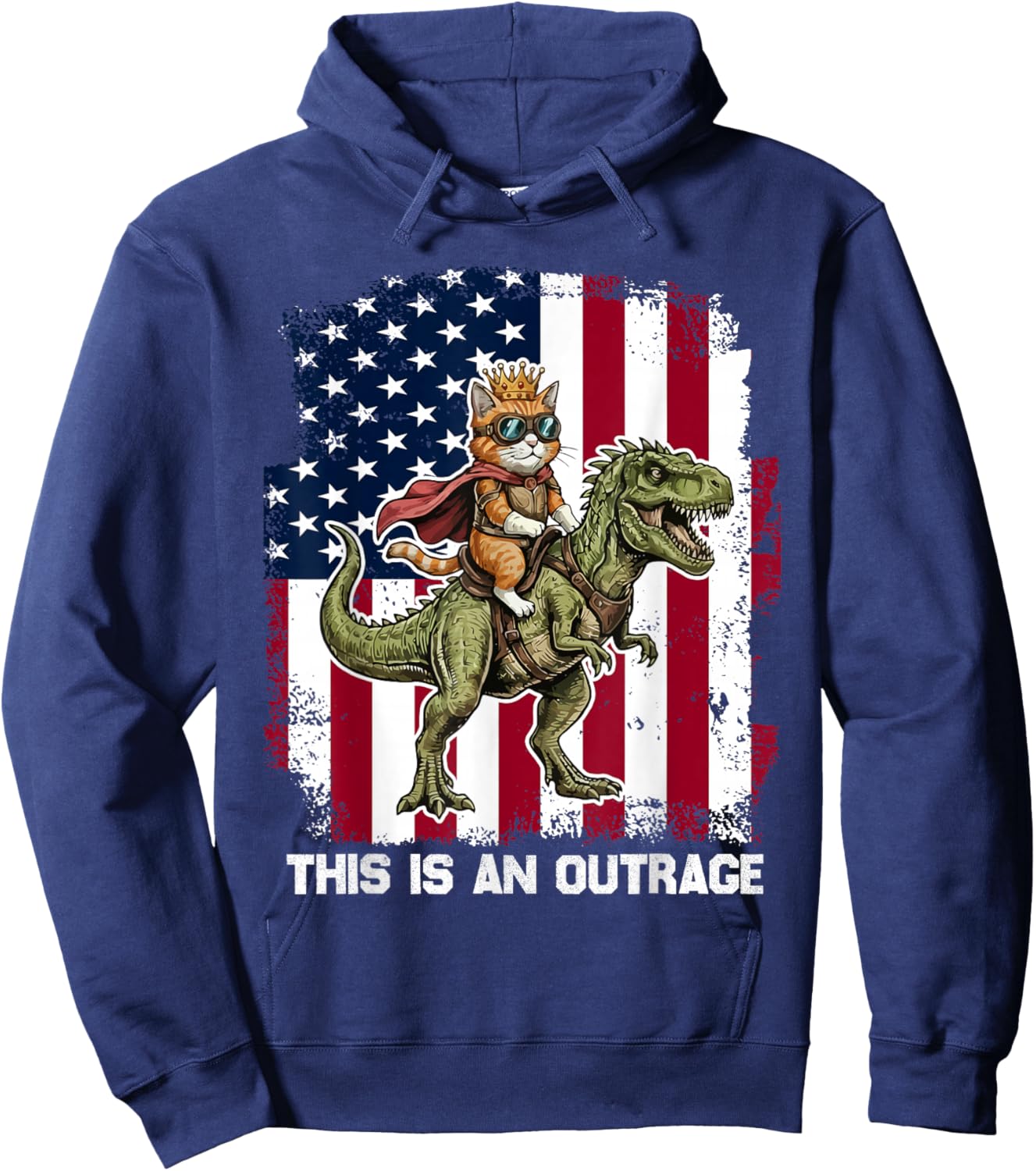This is an Outrage Funny Cat Riding Dinosaur 4th of July Hoodie - Hoodie | Navy