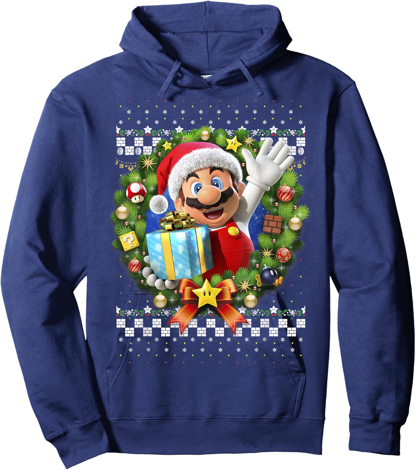 Super Mario 3D Christmas Wreath Present Graphic Short Sleeve Hoodie - Hoodie | Navy