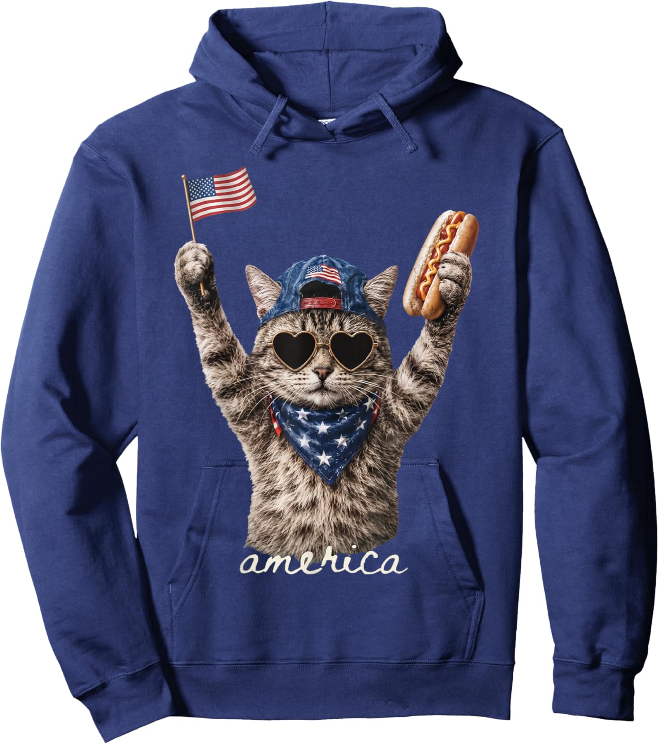 Retro Funny America Cat Hot Dog Lovers Patriotic US Flag Hoodie - Hoodie | Navy
