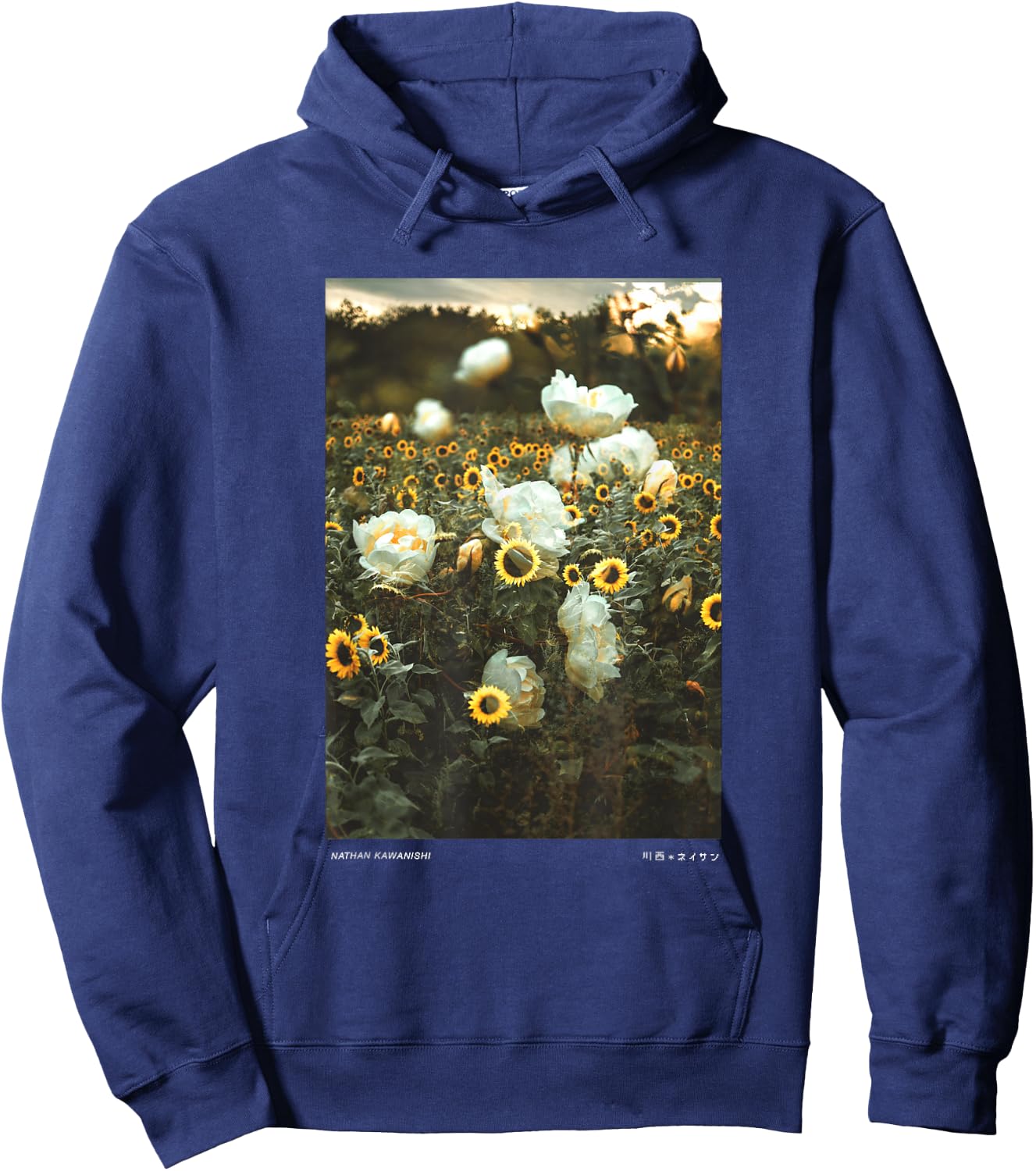 Nathan Kawanishi Aesthetic Modern Floral Sunflower - Women's Classic Fit Black Short Sleeve Small Hoodie - Hoodie | Navy