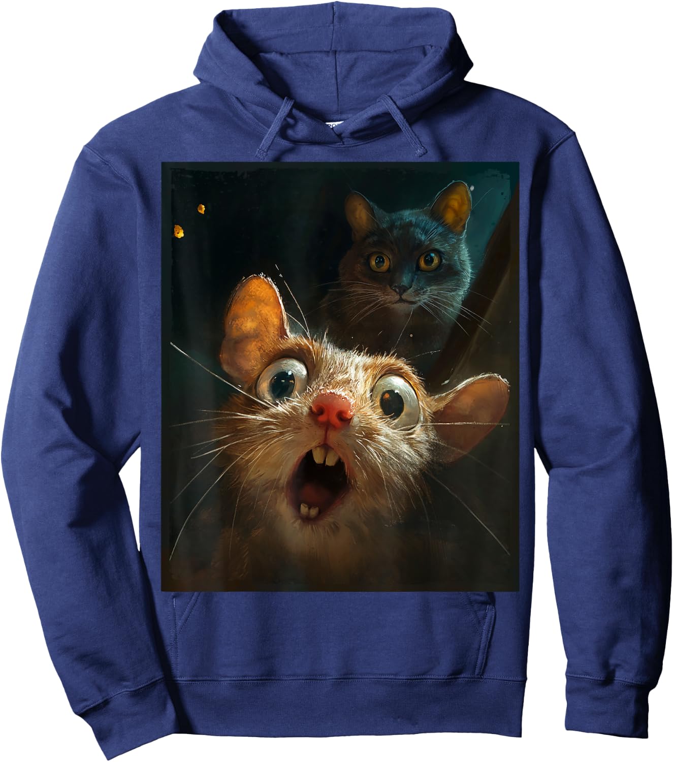 Funny Surprised Scared Mouse Selfie in Front of Sneaky Cat Hoodie - Hoodie | Navy