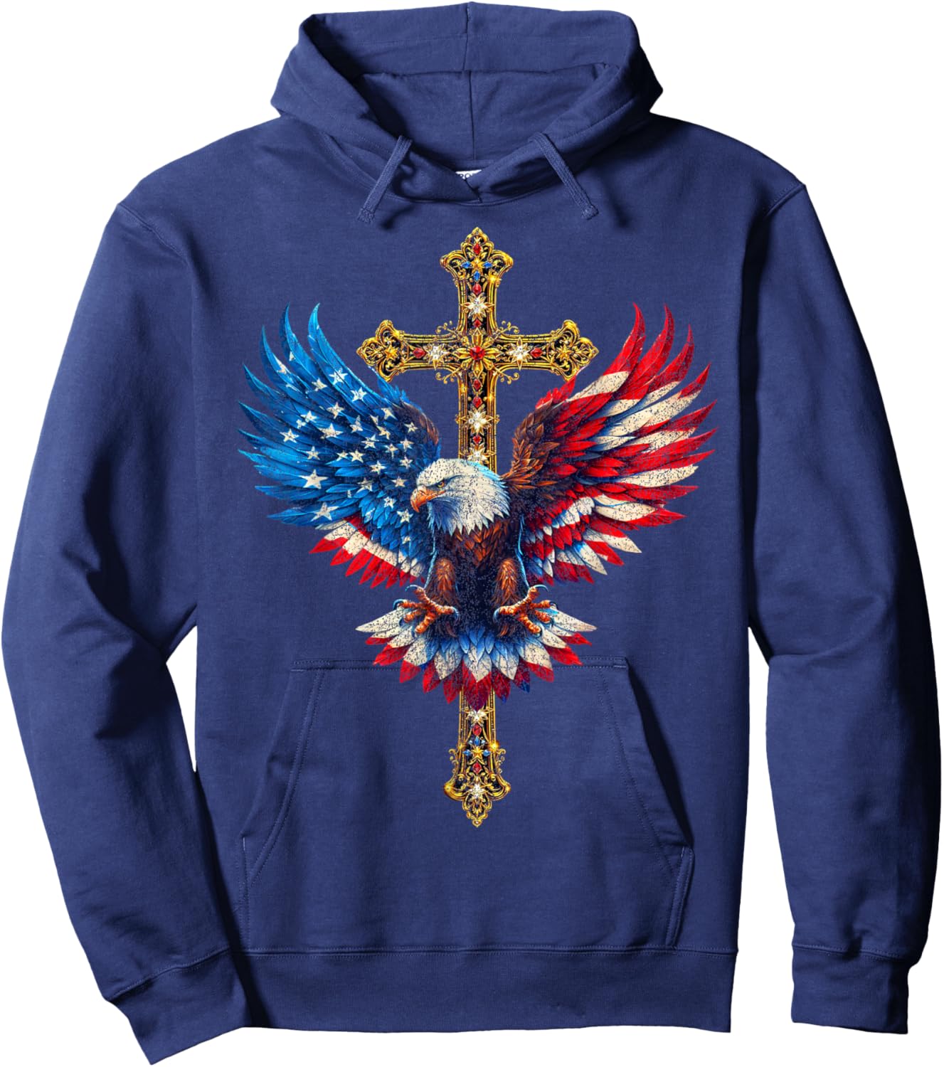 Bald Eagle Christian Faith Ctoss USA Flag Patriotic American Hoodie - Hoodie | Navy
