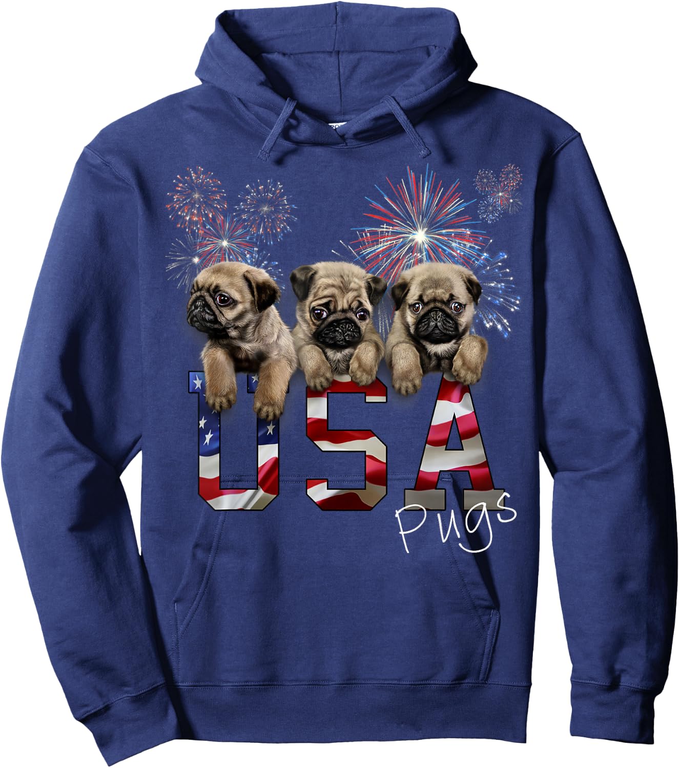 USA Patriot Pug Puppy Dog with Fireworks Women Kids Men Hoodie - Hoodie | Navy