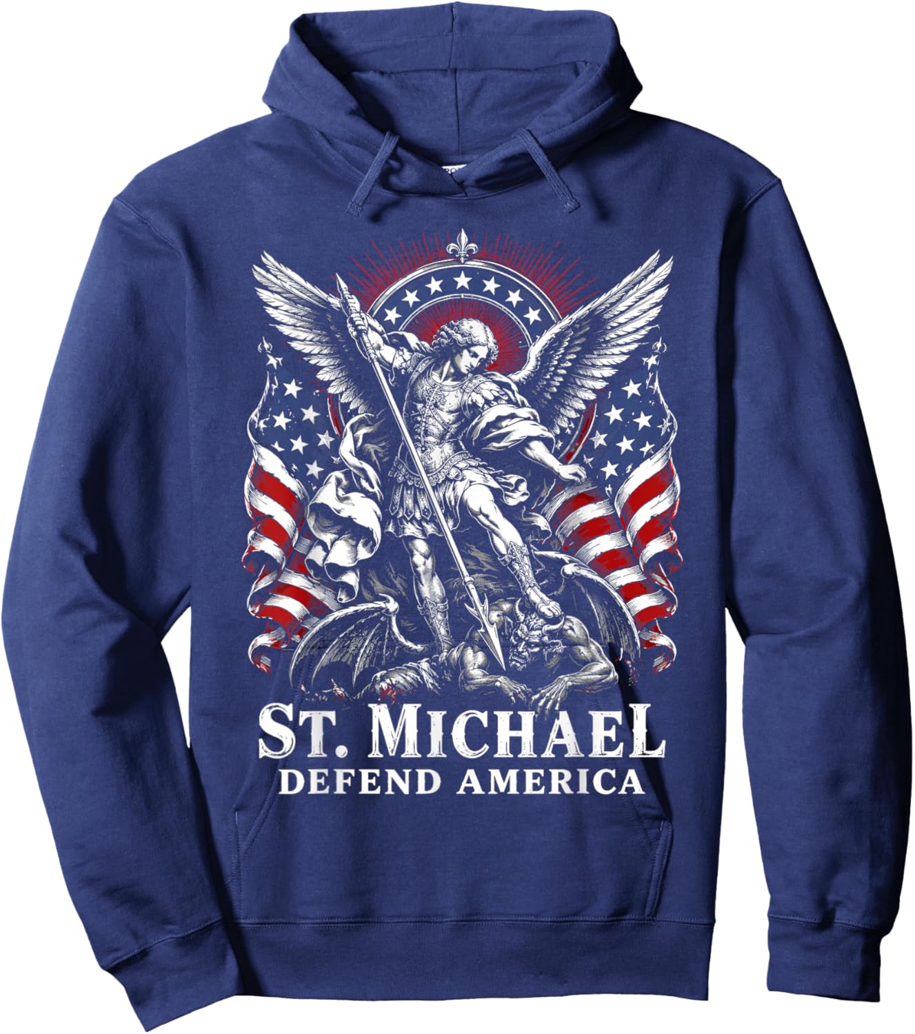 Vintage St. Michael Defend America Archangel Patriot US Flag Hoodie - Hoodie | Navy