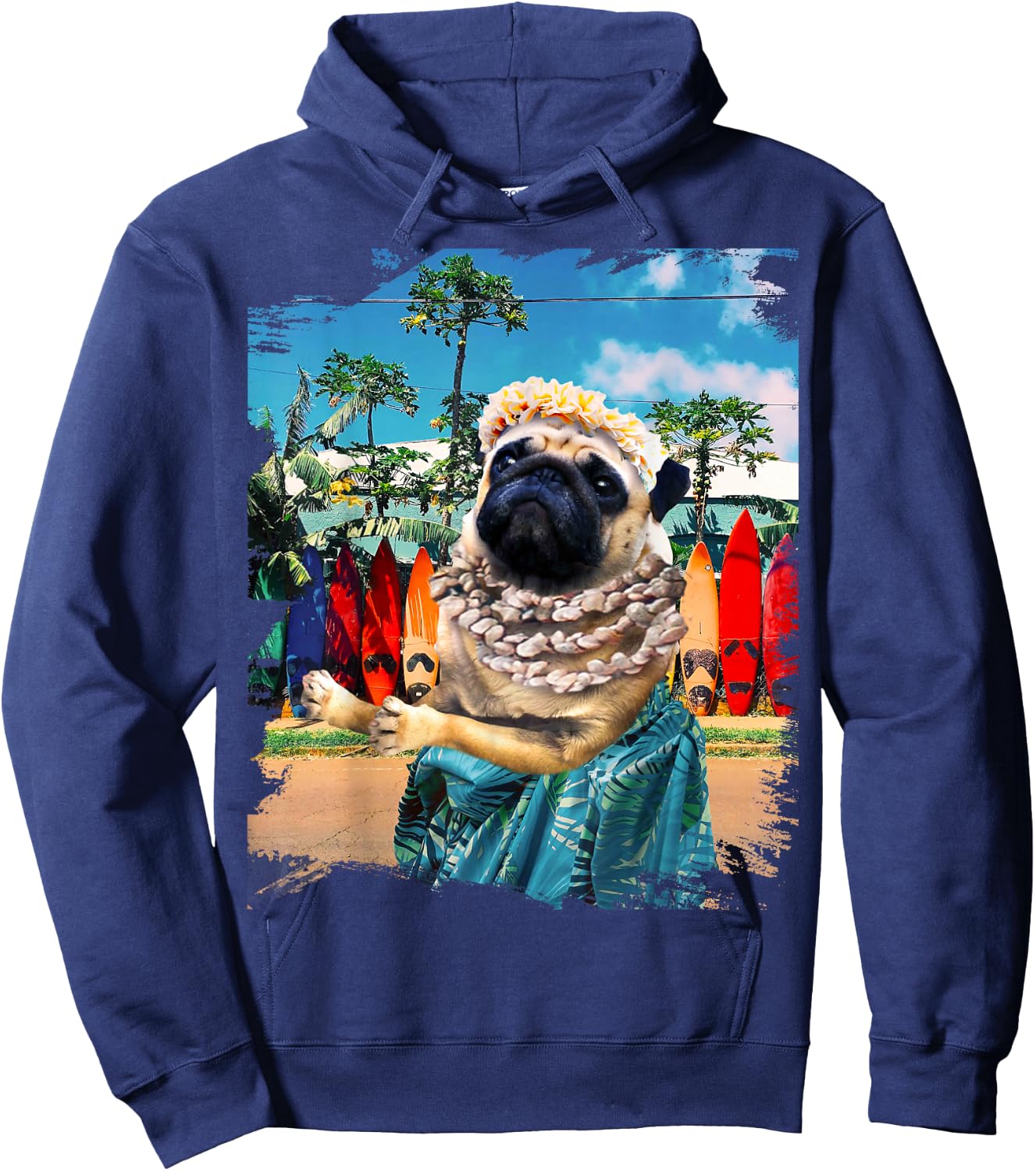 Cute Aloha Pug Hawaiian - , Small, Black, Short Sleeve, Cotton 100% Hoodie - Hoodie | Navy
