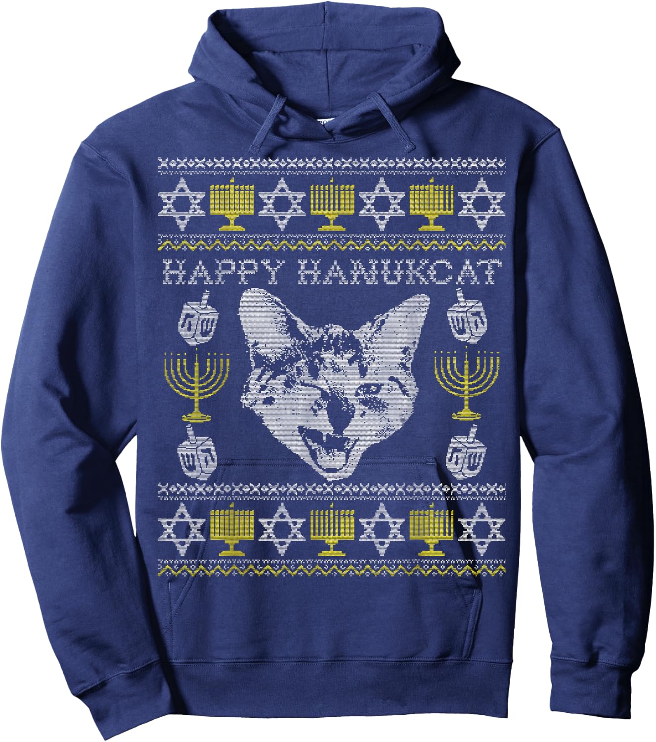 Happy Hanukcat Shirt, Hanukkah Cat, Funny Jewish Christmas Hoodie - Hoodie | Navy