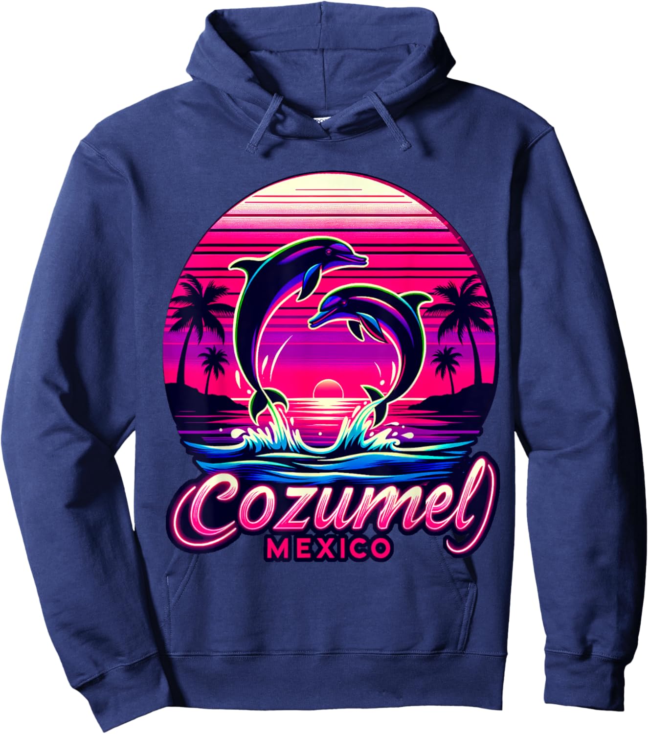 Cozumel Mexico with Palm Trees, Sunset and Dolphins Hoodie - Hoodie | Navy